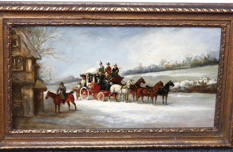 James Pollard Victorian Pair of Oil Paintings on Panel Coaching Scenes in Winter Landscapes