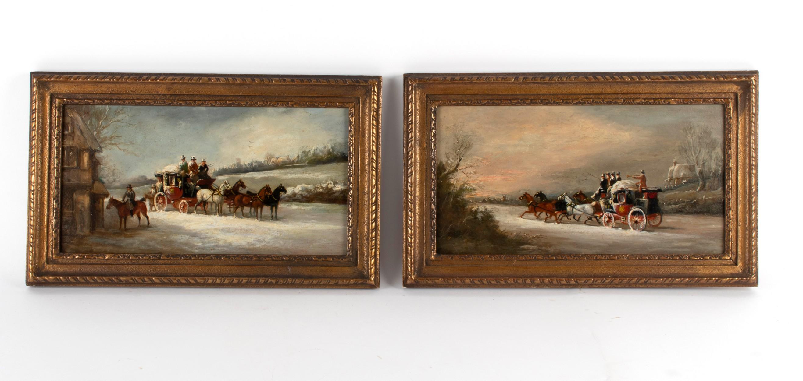 James Pollard Animal Painting - Victorian Pair of Oil Paintings on Panel - Coaching Scenes in Winter Landscapes