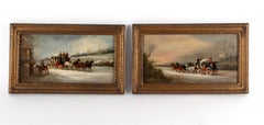Victorian Pair of Oil Paintings on Panel - Coaching Scenes in Winter Landscapes