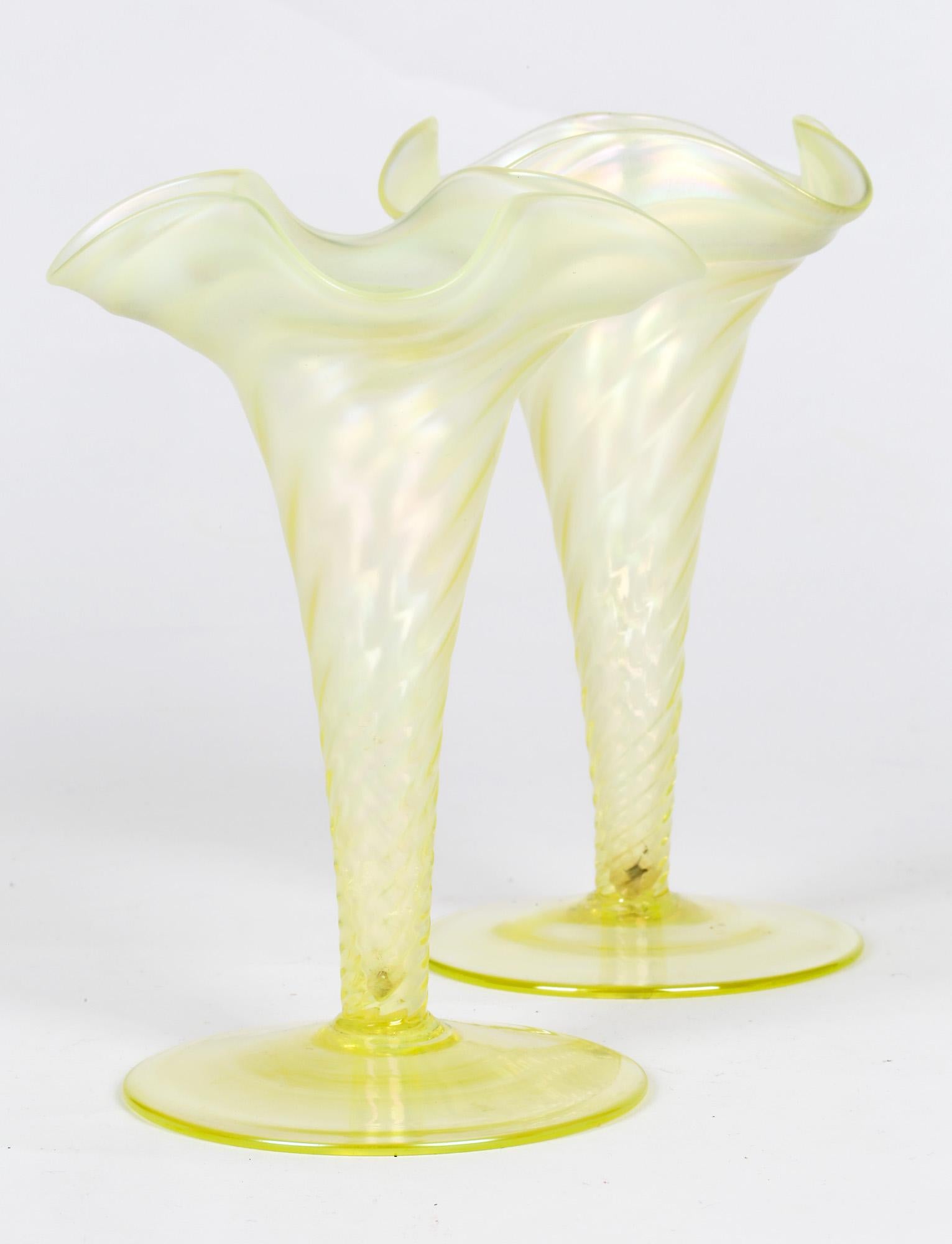 19th Century James Powell & Sons Pair Opalescent Yellow Uranium Glass Vases For Sale