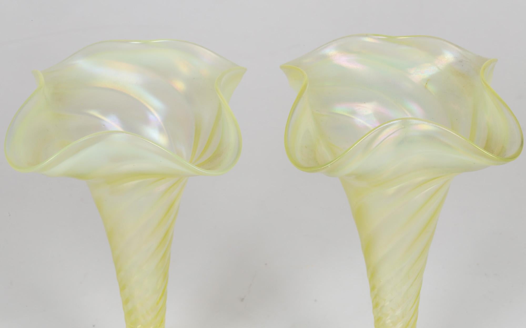 Blown Glass James Powell & Sons Pair Opalescent Yellow Uranium Glass Vases For Sale