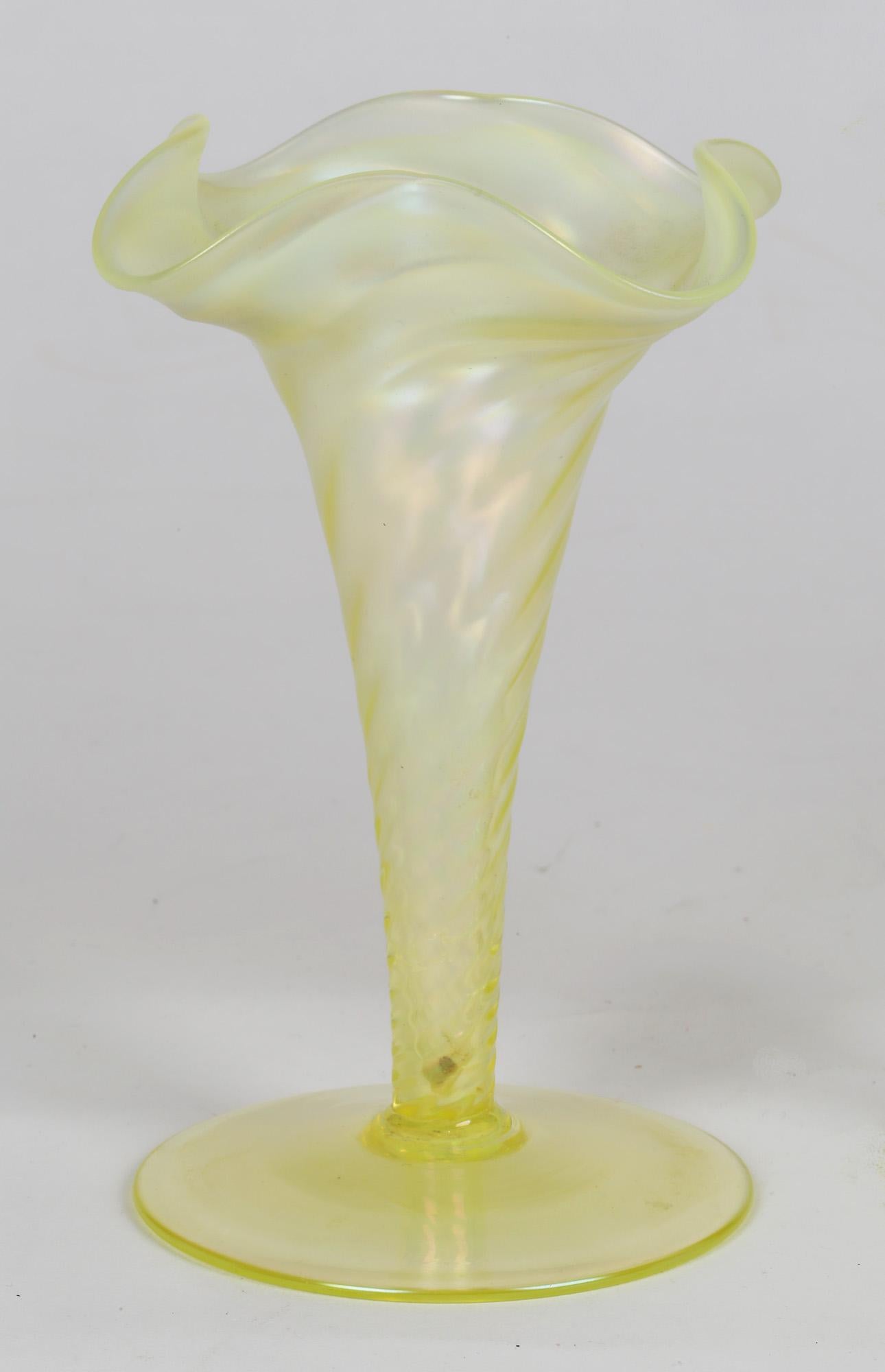 James Powell & Sons Pair Opalescent Yellow Uranium Glass Vases For Sale 1