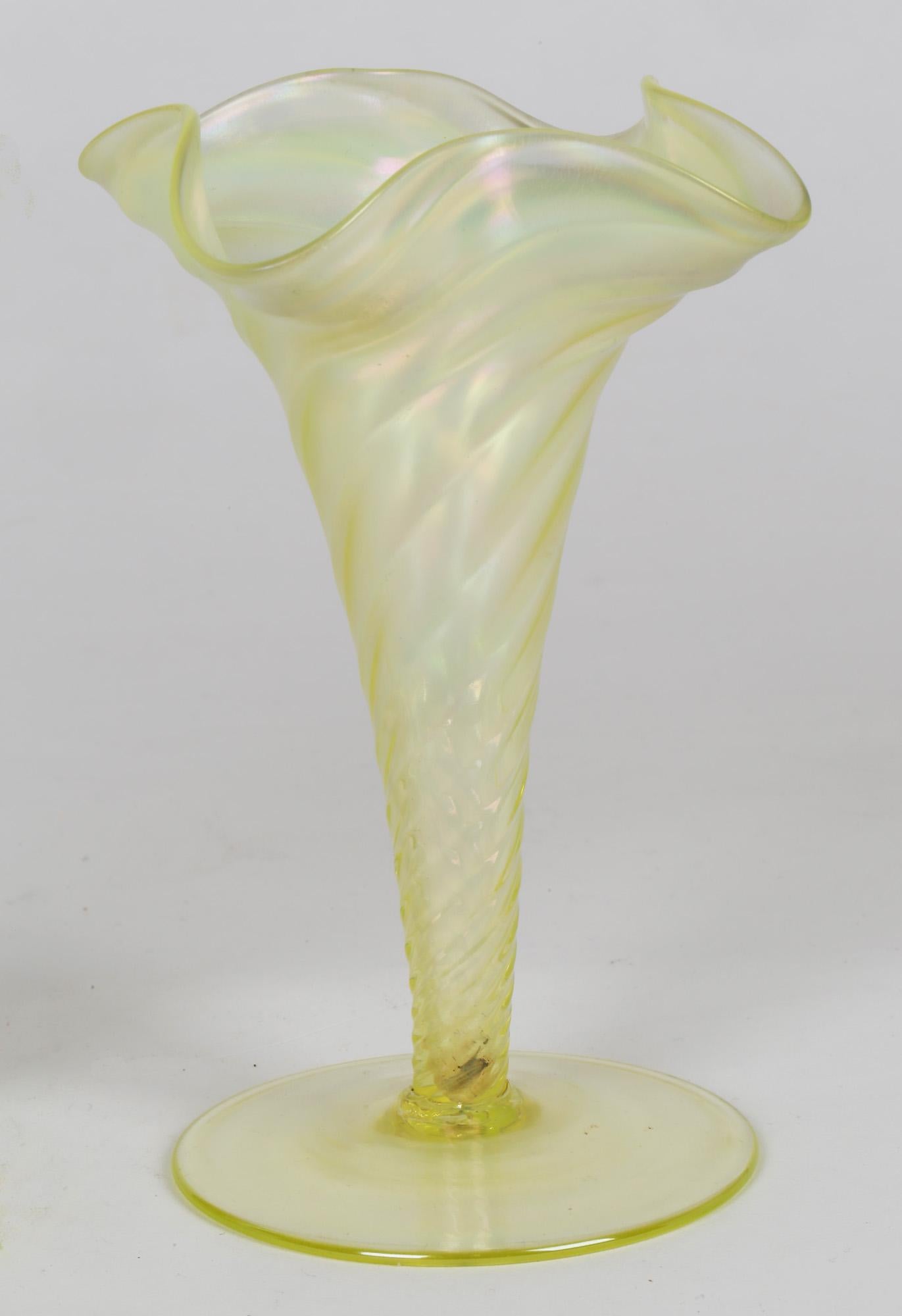 James Powell & Sons Pair Opalescent Yellow Uranium Glass Vases For Sale 2