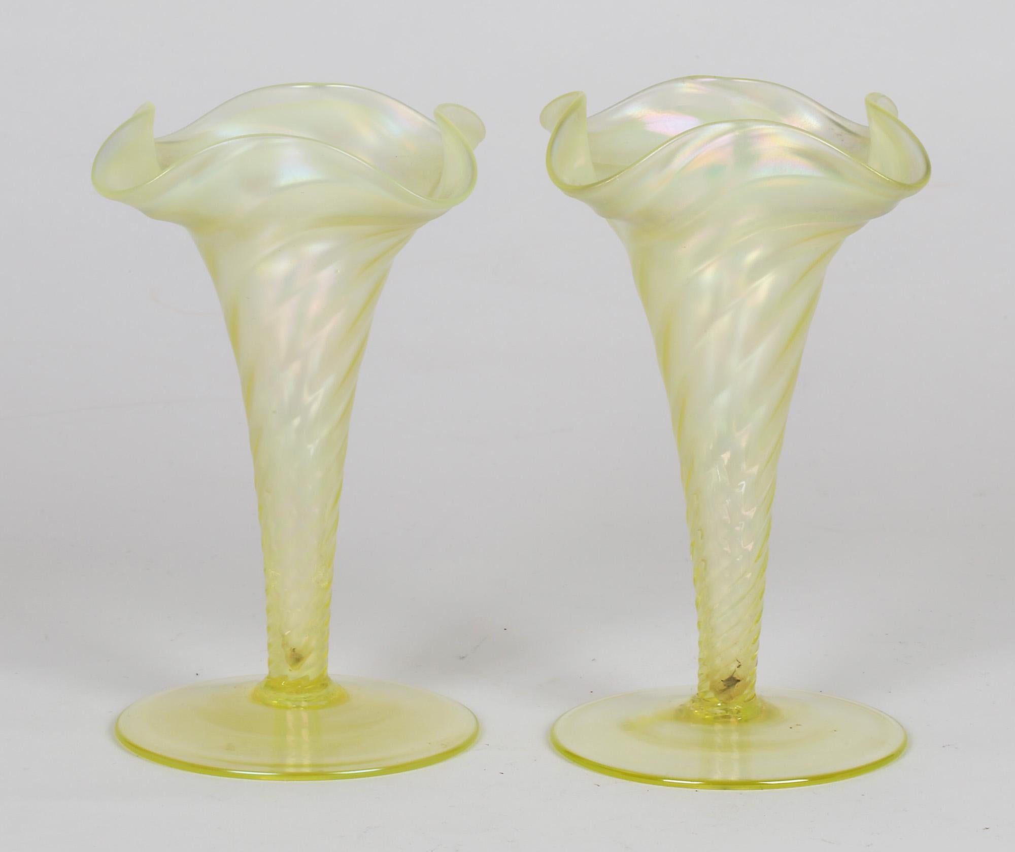 James Powell & Sons Pair Opalescent Yellow Uranium Glass Vases For Sale 3
