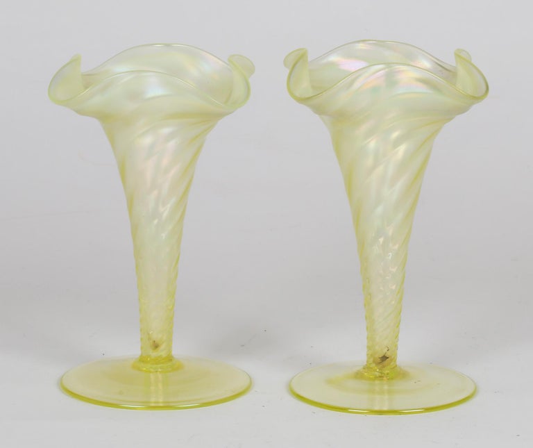 James Powell and Sons Pair Opalescent Yellow Uranium Glass Vases For