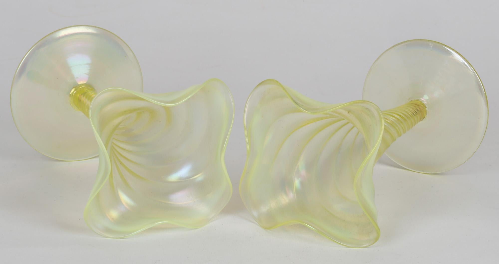 James Powell & Sons Pair Opalescent Yellow Uranium Glass Vases For Sale 4