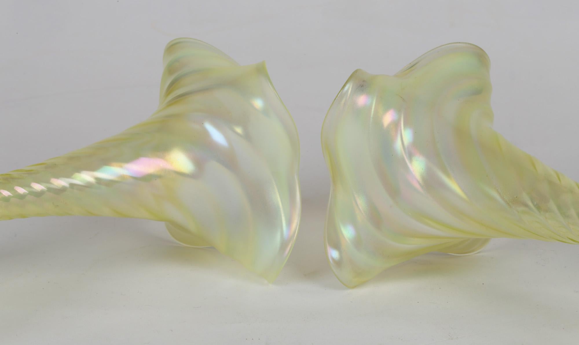 Art Nouveau James Powell & Sons Pair Opalescent Yellow Uranium Glass Vases For Sale