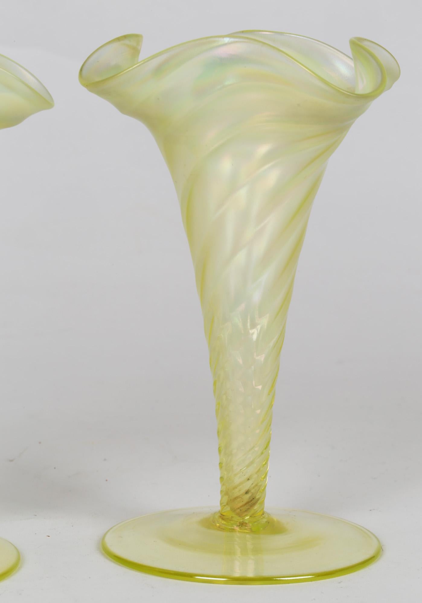 English James Powell & Sons Pair Opalescent Yellow Uranium Glass Vases For Sale