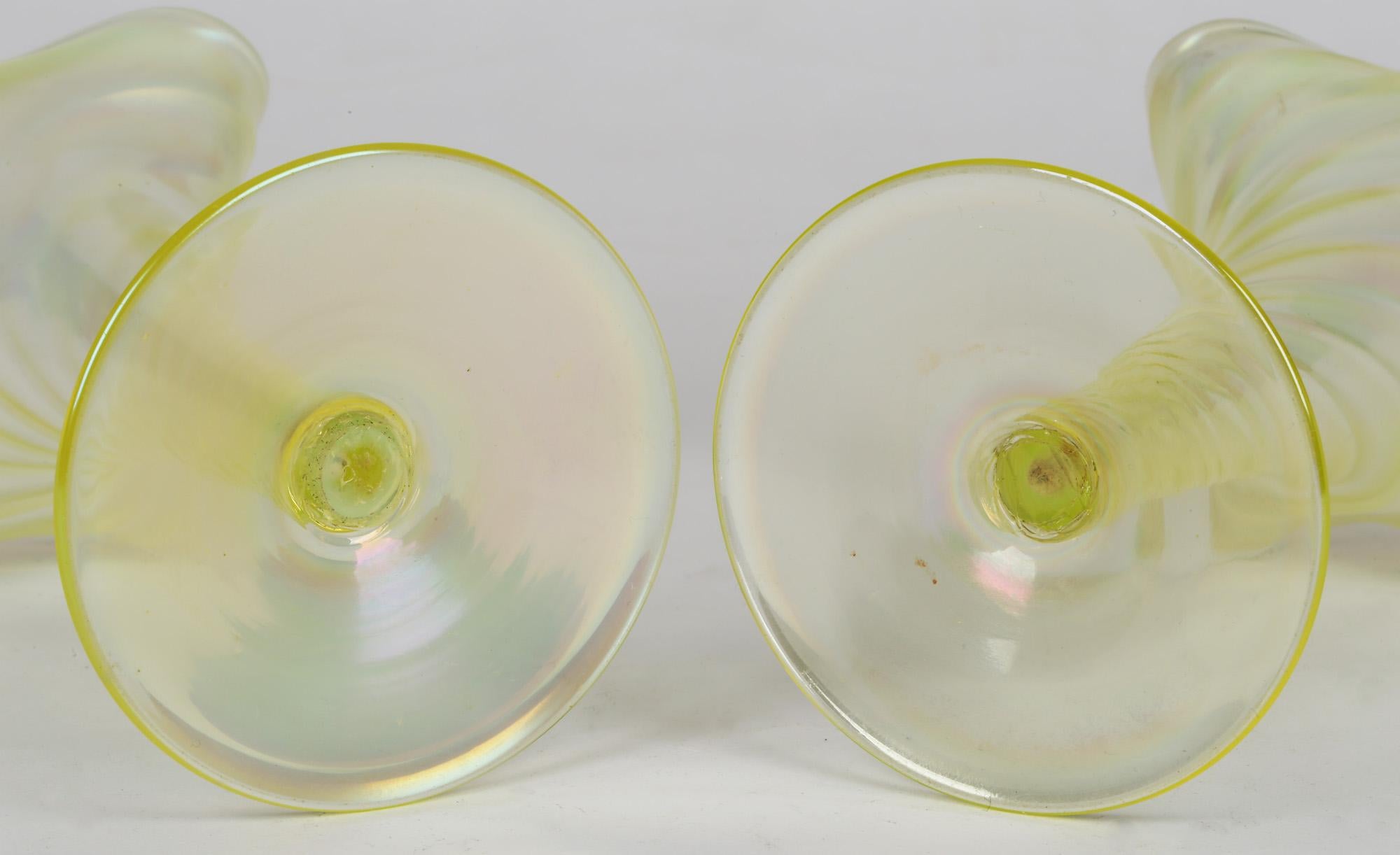 Hand-Crafted James Powell & Sons Pair Opalescent Yellow Uranium Glass Vases For Sale