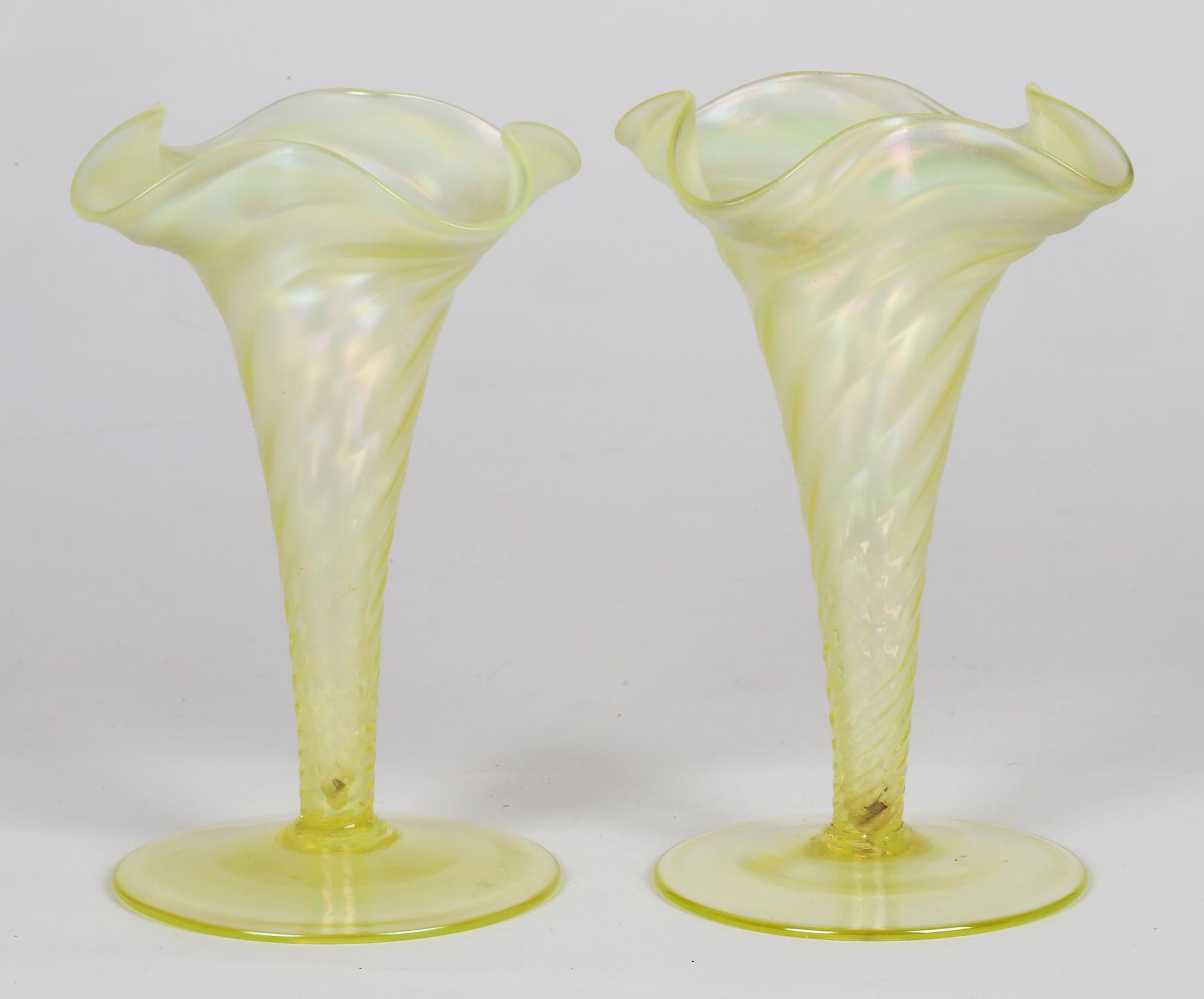 James Powell & Sons Pair Opalescent Yellow Uranium Glass Vases In Good Condition For Sale In Bishop's Stortford, Hertfordshire
