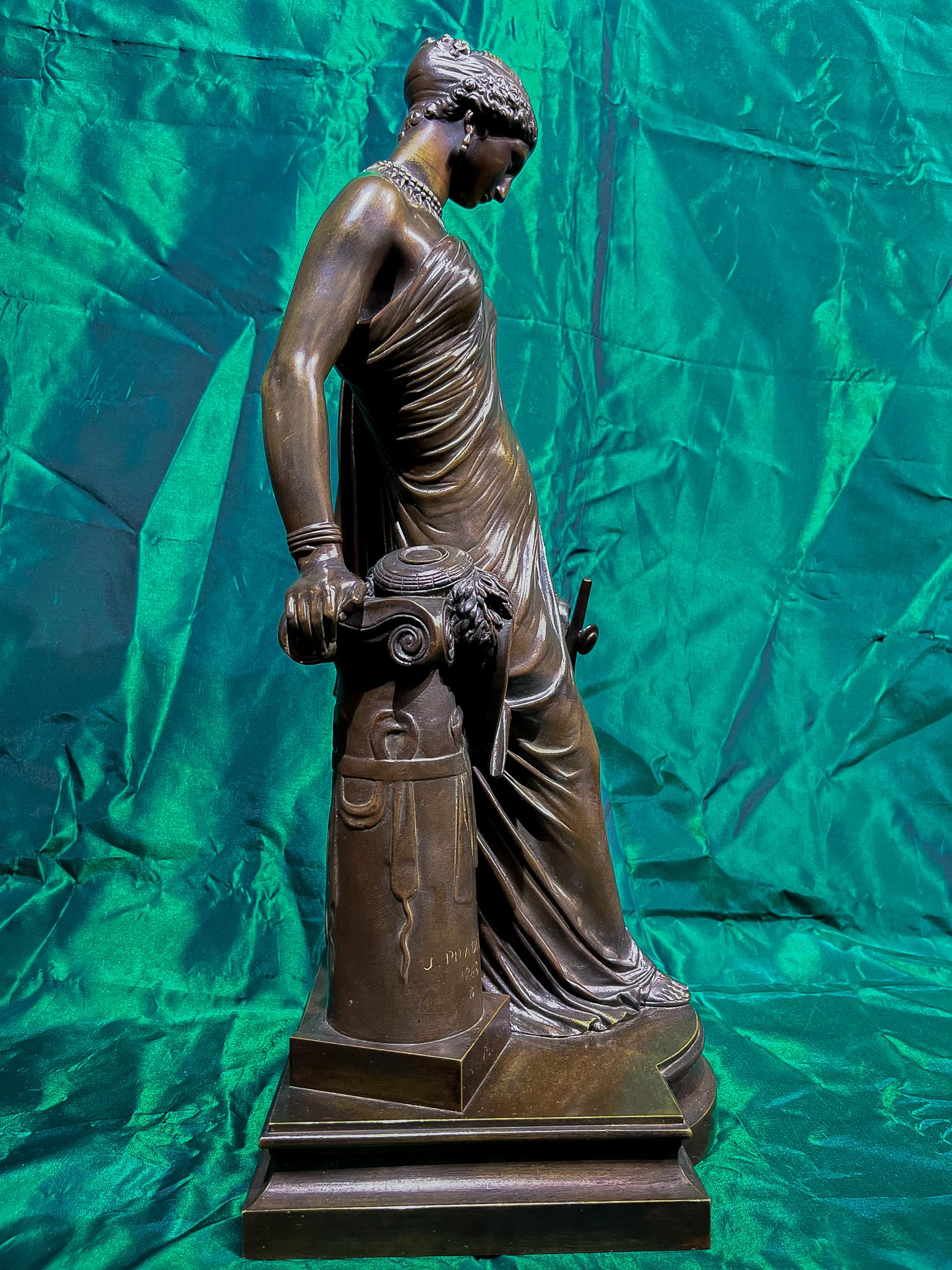Sappho Leaning Against a Column Holding Her Lyre by Pradier in French Bronze - Gold Figurative Sculpture by James Pradier 