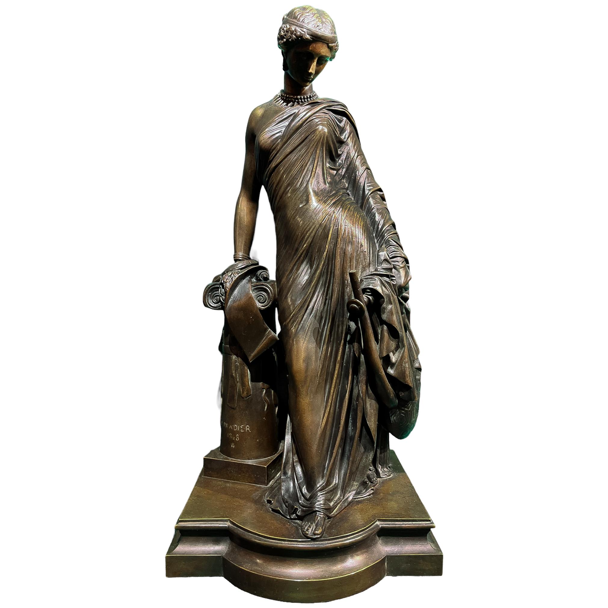 James Pradier  Figurative Sculpture - Sappho Leaning Against a Column Holding Her Lyre by Pradier in French Bronze