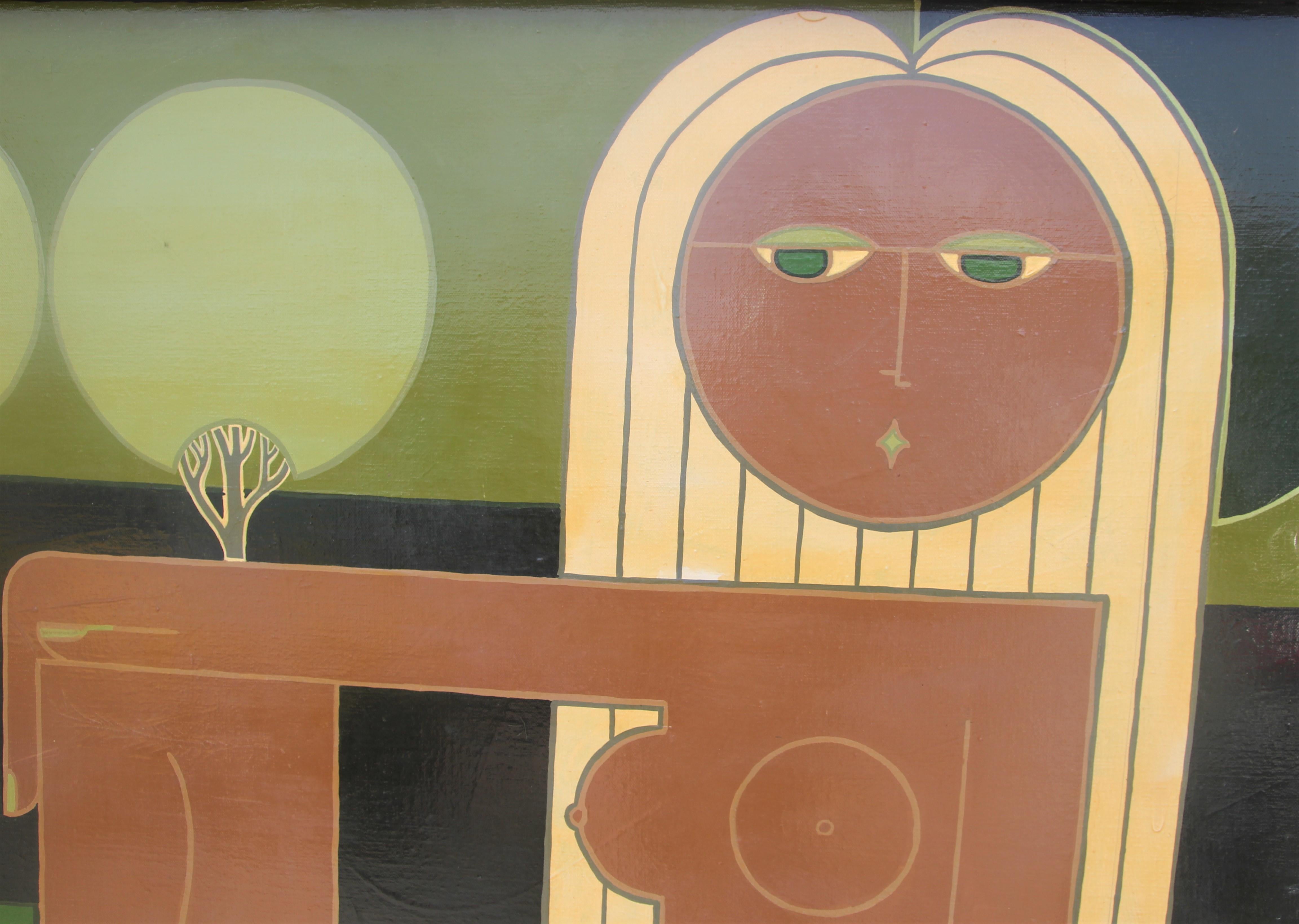 Green Toned Modern Abstract Golf Course Landscape with Lounging Nude Female - Painting by James Q. Lamson