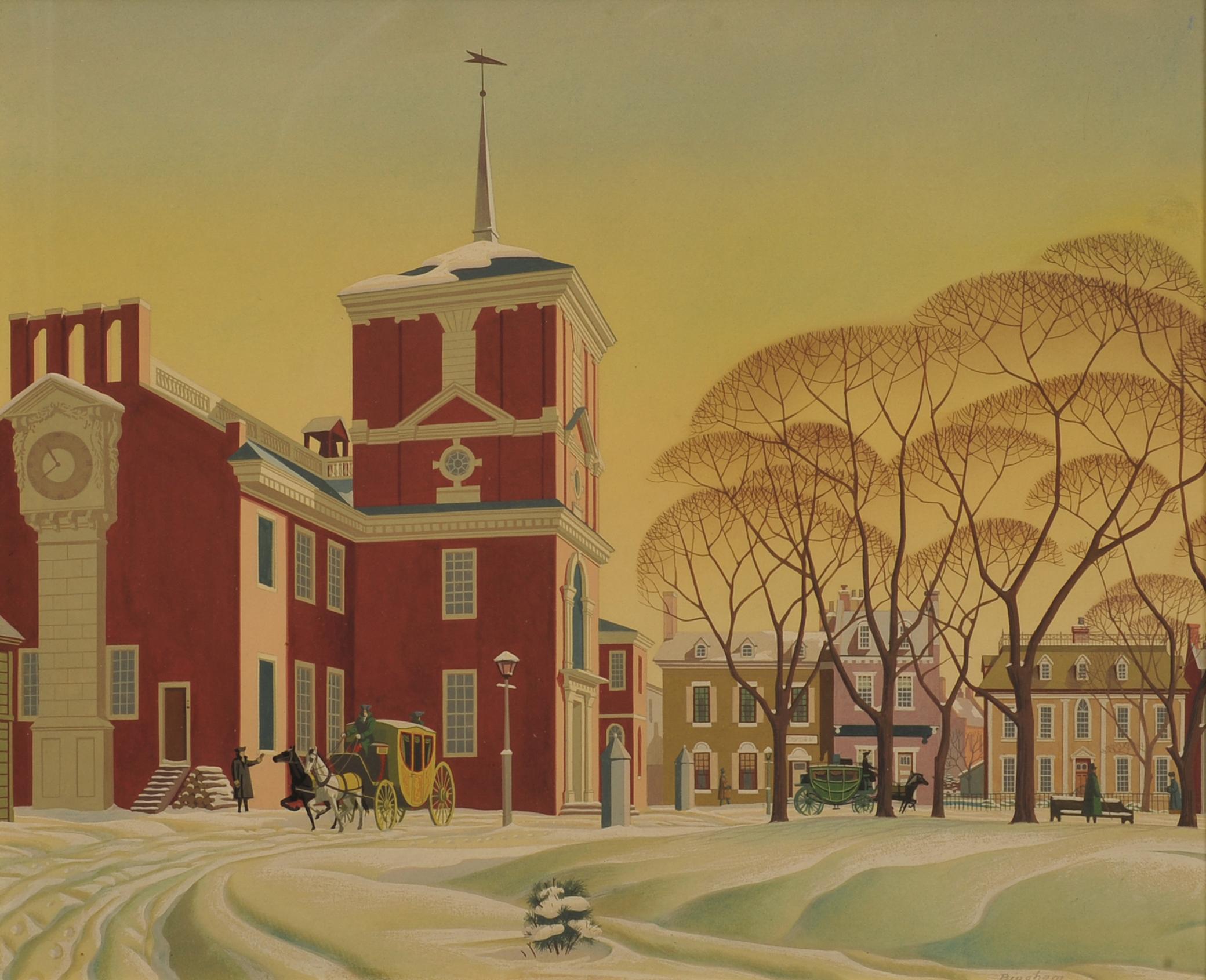 James R. Bingham Figurative Painting - Snow at Independence Hall