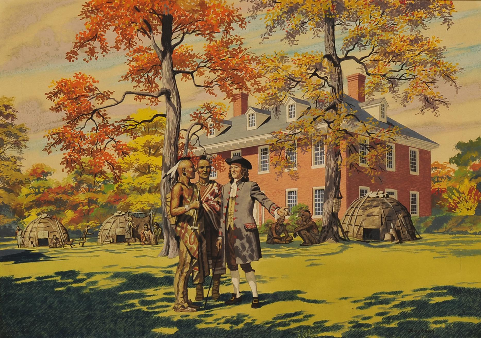 Landscape Painting di James R. Bingham - "Campo indiano a Stenton, casa di James Logan" Pubblicità del whisky di Filadelfia