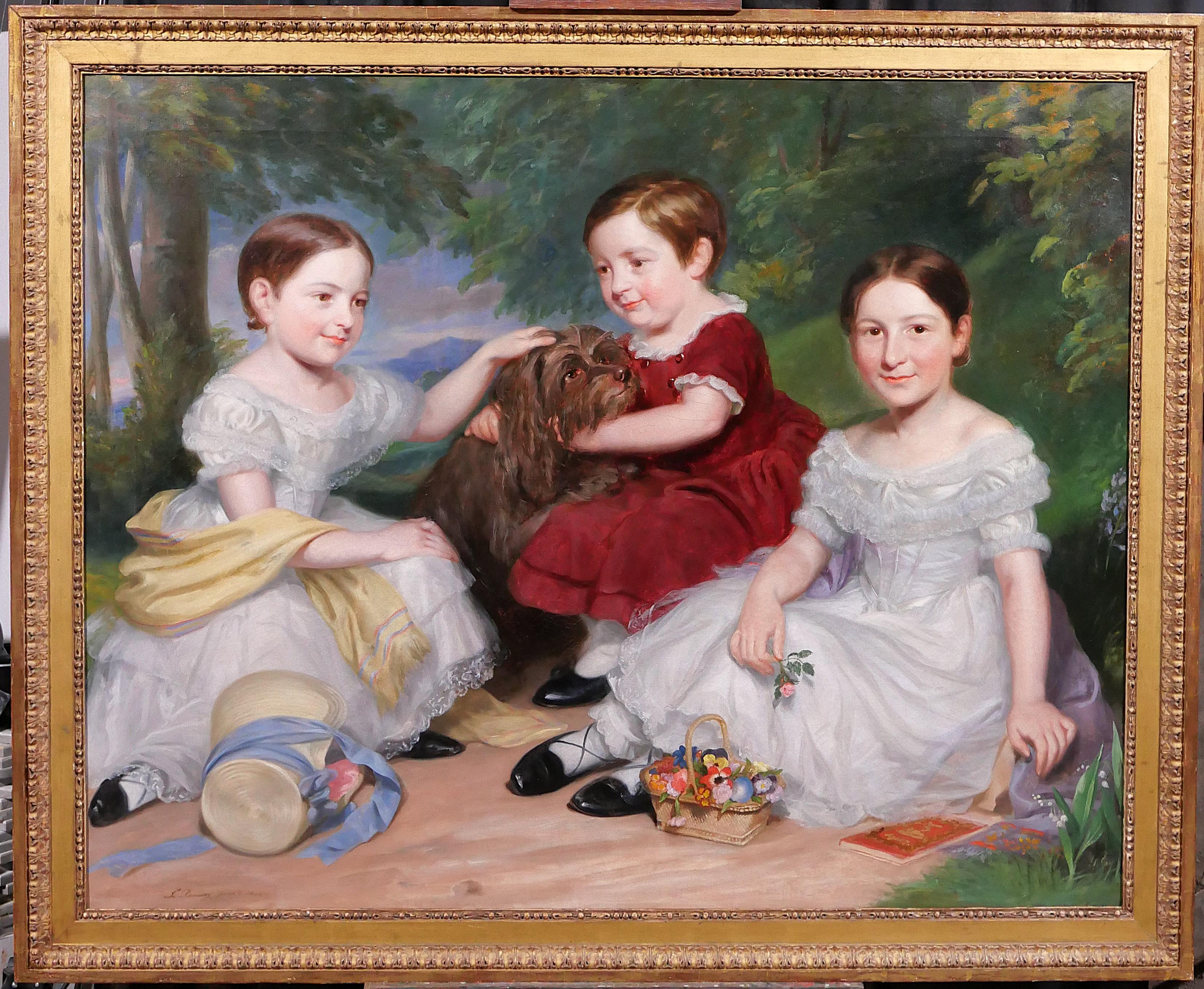 Retrato de niños y un perro, pintura, Gran Bretaña, romanticismo, academia - Painting de James Ramsay