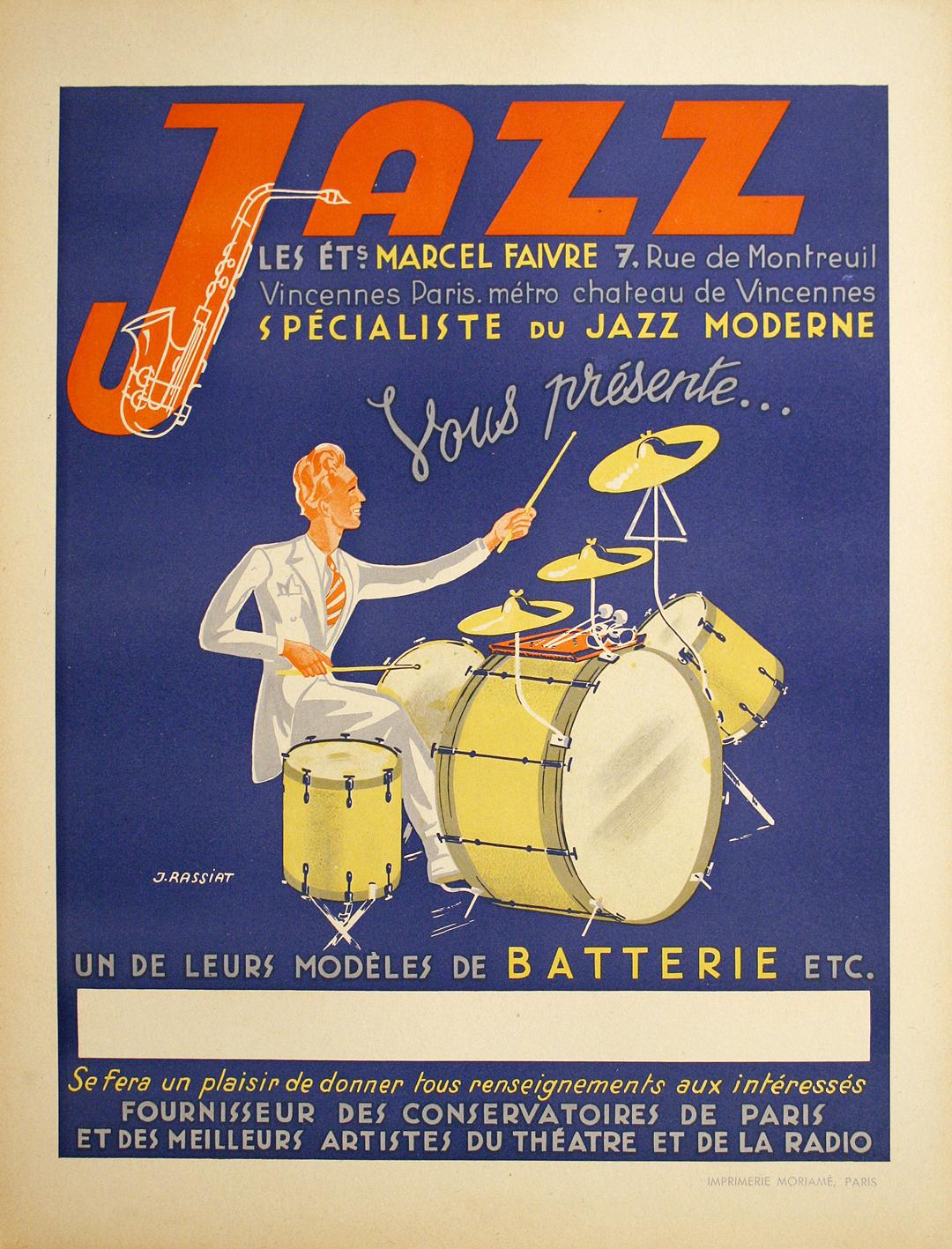 Affiche de jazz française originale des années 1930 avec un tambour de James Rassiat