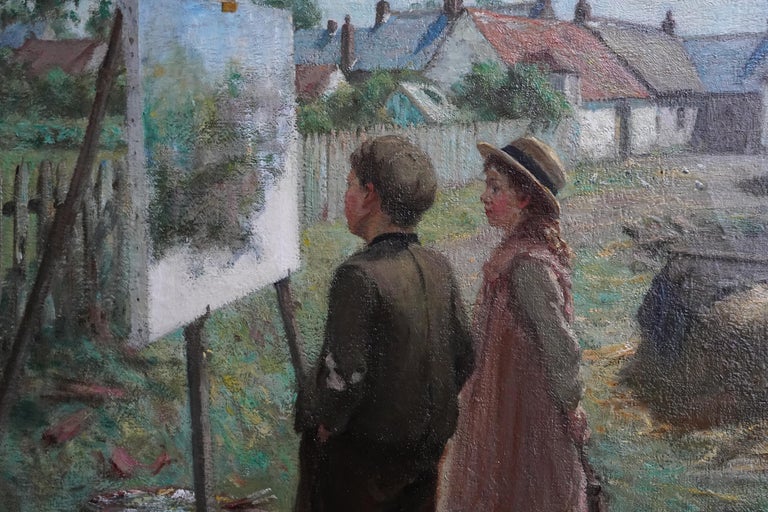 This lovely Edwardian exhibited portrait landscape oil painting is by noted Scottish artist James Riddel. It was exhibited at the Royal Scottish Academy in 1909 and again in Glasgow Institute in 1913, entitled The Critics. Painted circa 1909, the