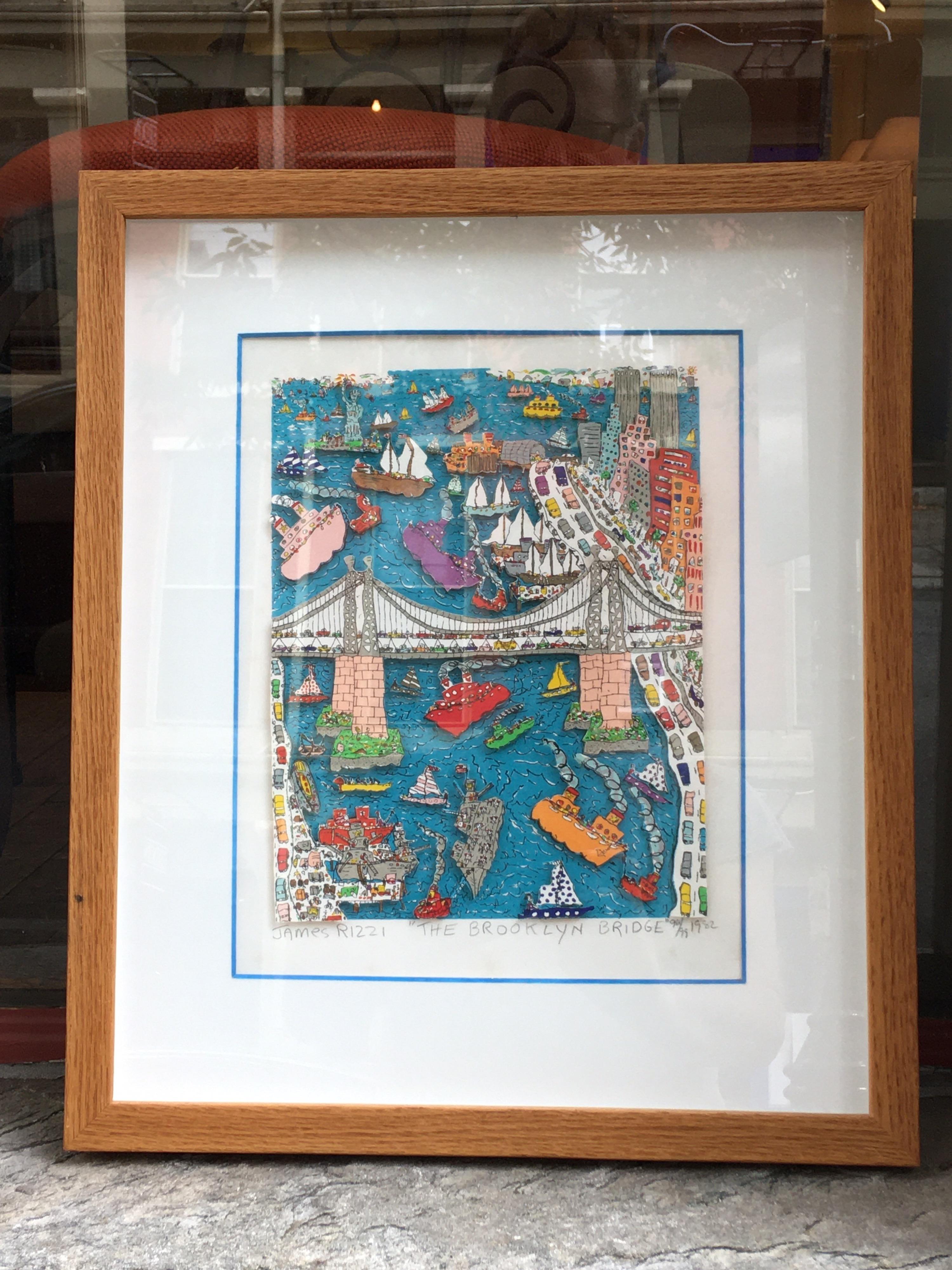 Jame Rizzi Brooklyn Bridge 3-D lithograph. Probably one of his more Iconic Images! There are at least 2 versions of the Brooklyn Bridge that I have seen. This one is from 1982 99/99. Last print from the series. Relatively small editions of 100.