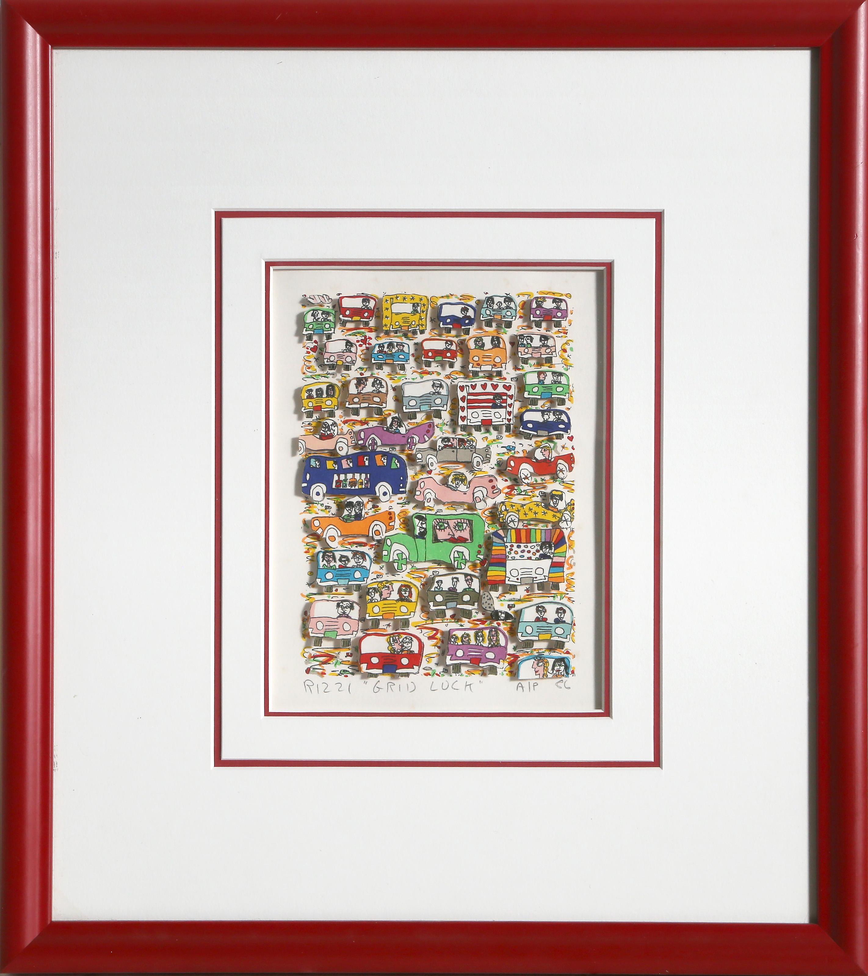 James Rizzi, Amerikaner (1950 - 2011) - Grid Lock, Jahr:  1986, Medium:  3-D Siebdruck, signiert, betitelt, nummeriert und datiert mit Bleistift, Auflage:  AP, Bildgröße:  7 x 5 Zoll, Rahmengröße:  16,75 x 15 Zoll