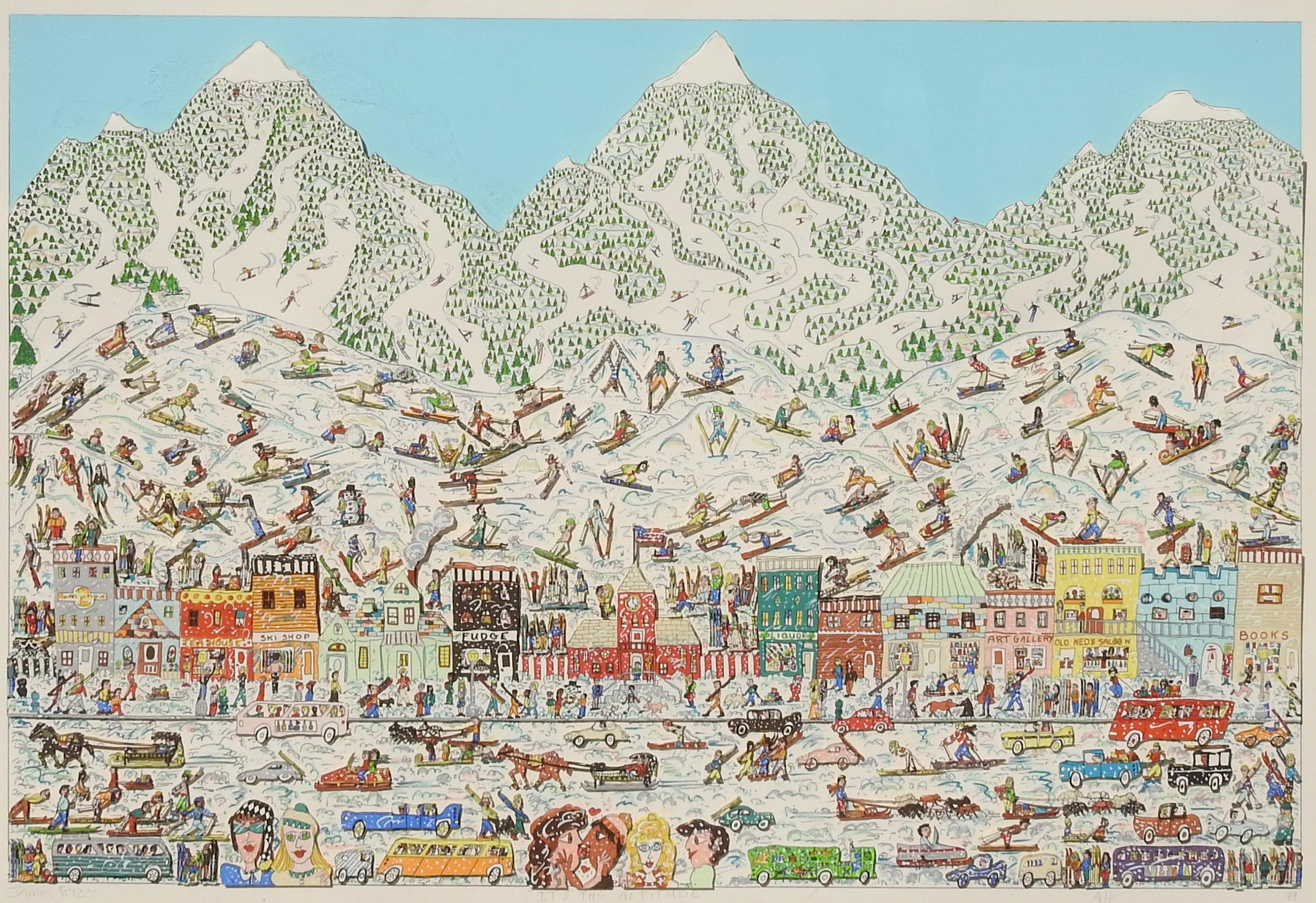 « It's the Altitude », James Rizzi, lithographie en 3D, 66 x 91 cm, Pop Art, ski de neige