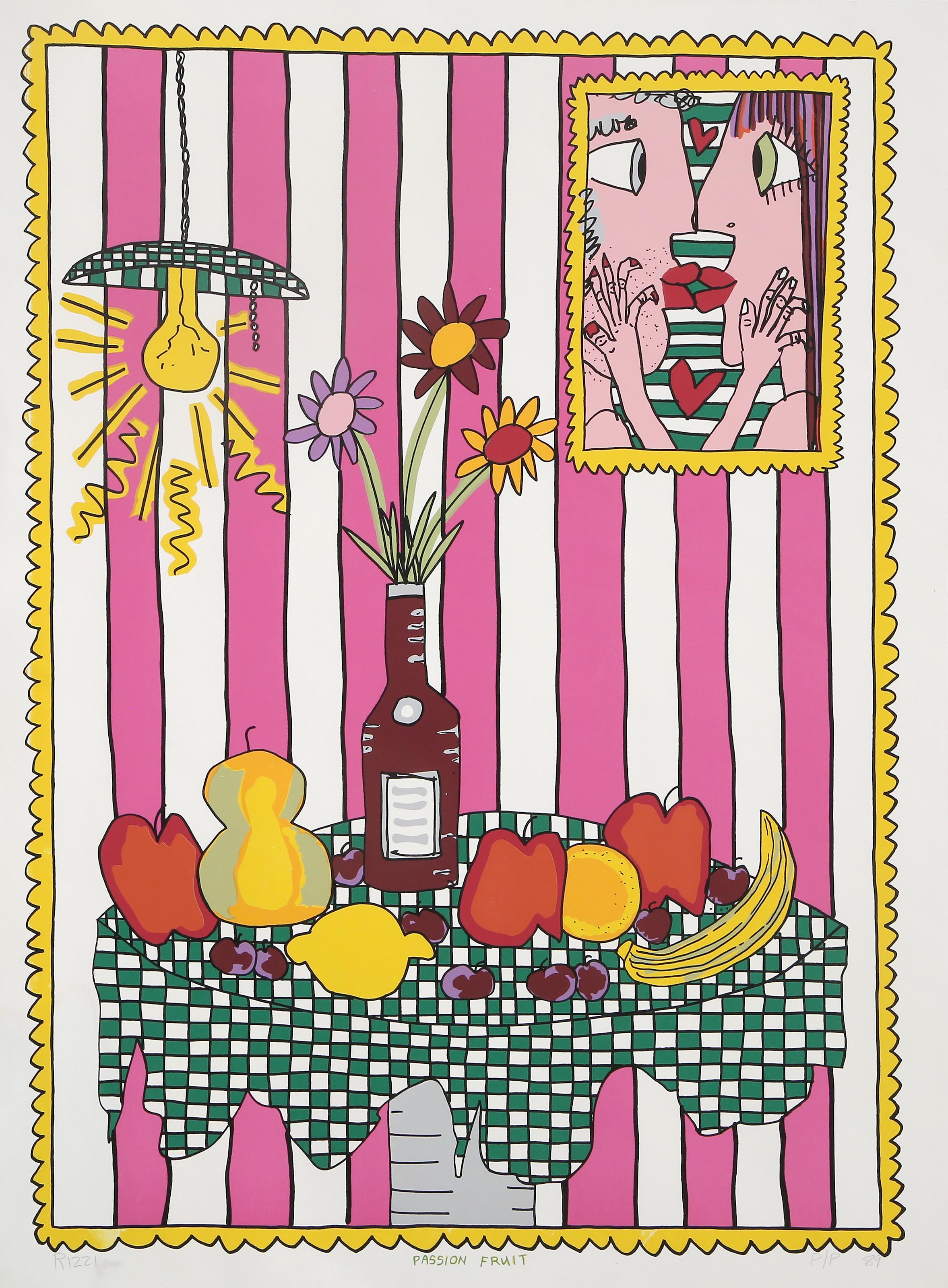 James Rizzi, Américain (1950 - 2011) - Fruit de la passion, année :  1989, Moyen :  Lithographie sur BFK Rives, signée, numérotée et datée au crayon, Edition :  PP, Taille de l'image :  28 x 20 pouces, Taille :  30 x 22 in. (76.2 x 55.88 cm)