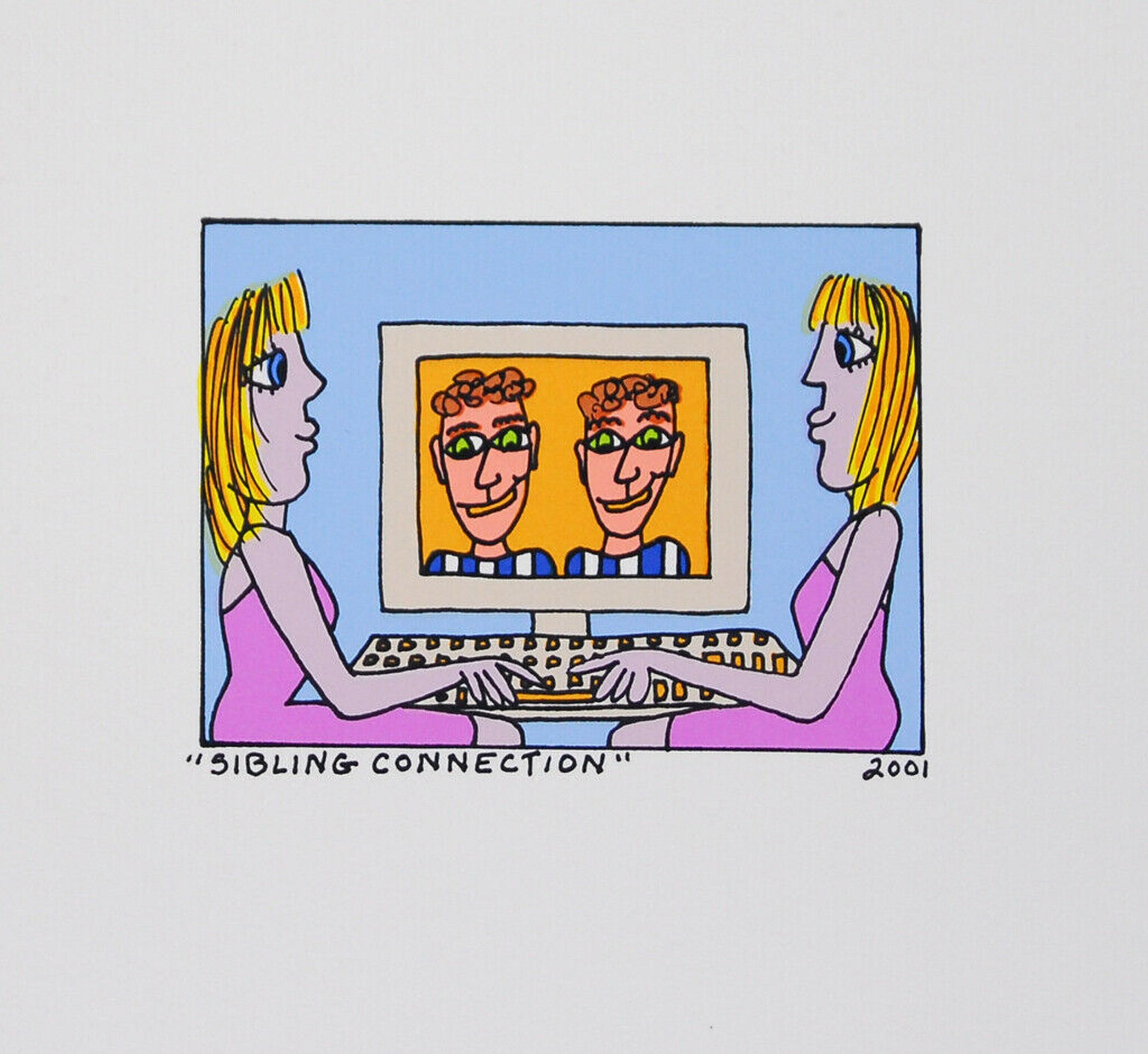 James Rizzi Figurative Print - Sibling Connection (Iconic, Rizzi, Miniature, NYC, New York City, Pop Art)