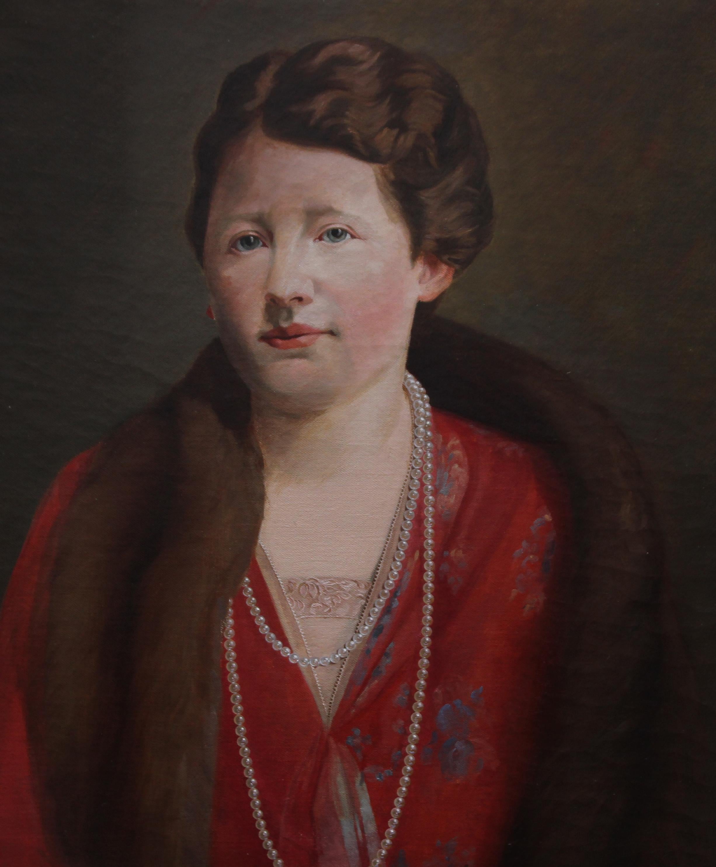 Dieses schöne britische Porträt-Ölgemälde im Art-déco-Stil stammt von dem bekannten Künstler James Robert Granville Exley und ist durch familiäre Abstammung belegt. Bei der Dargestellten handelt es sich um Elizabeth Exley, möglicherweise seine Frau.
