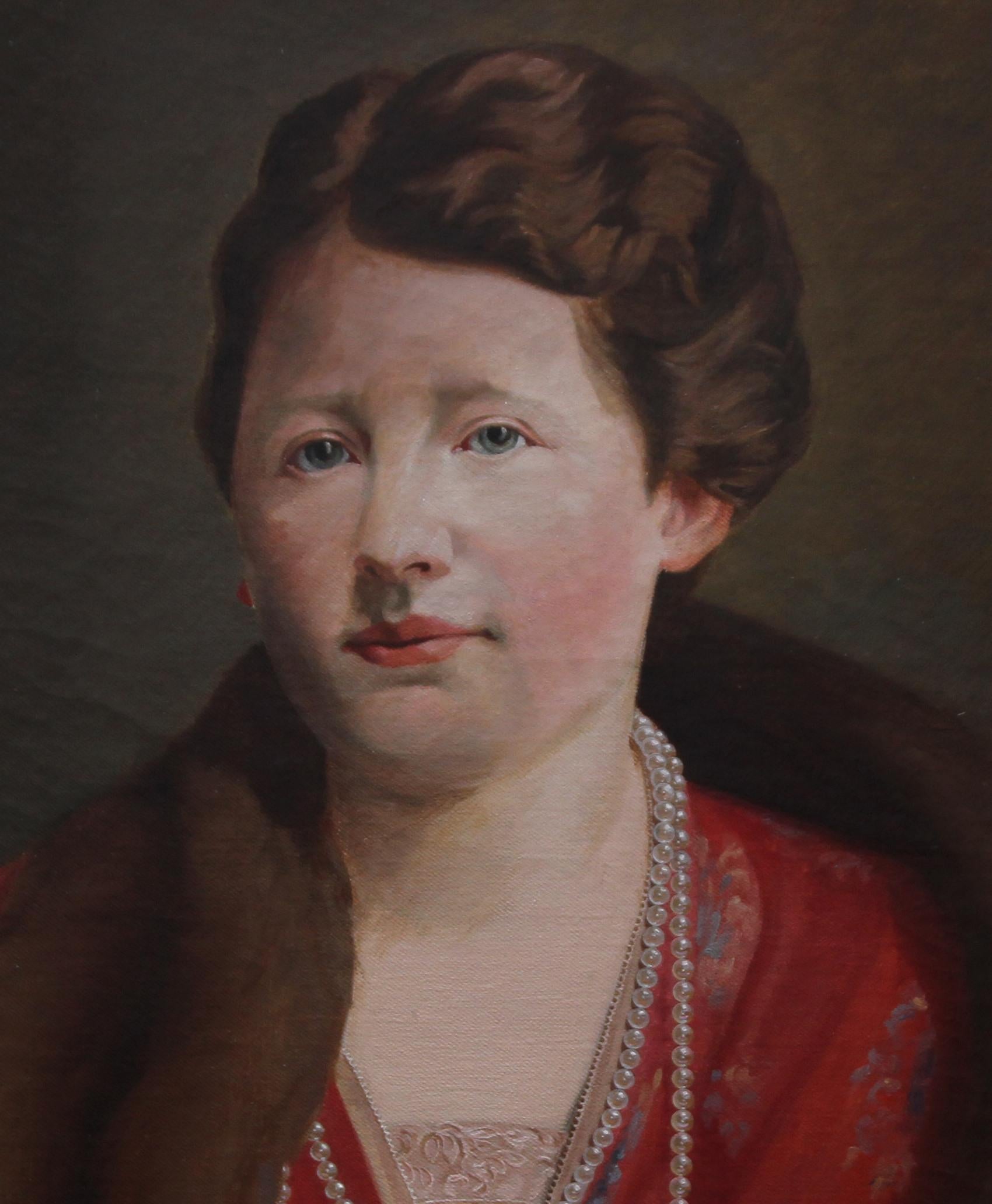 This lovely British Art Deco portrait oil painting is by noted artist James Robert Granville Exley and provenance is by family descent. The sitter is Elizabeth Exley, possibly his wife. Painted circa 1935 it is a half length portrait of Elizabeth in