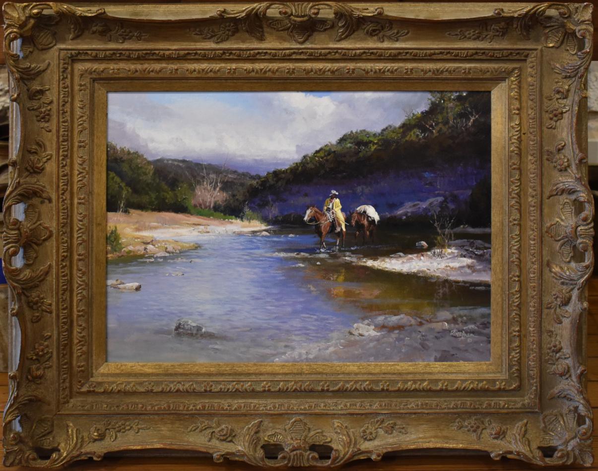 James Robinson Landscape Painting - "CROSSING THE BLANCO" RIVER. WESTERN, COWBOY, HORSE, LIGHT, TEXAS HILL COUNTRY
