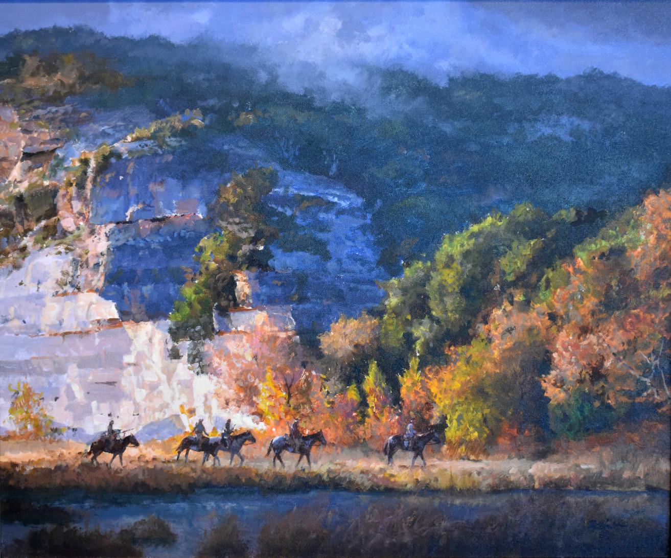 James Robinson Landscape Painting - "Ever Vigilant"  Native American Indians on horseback riding by a stream.