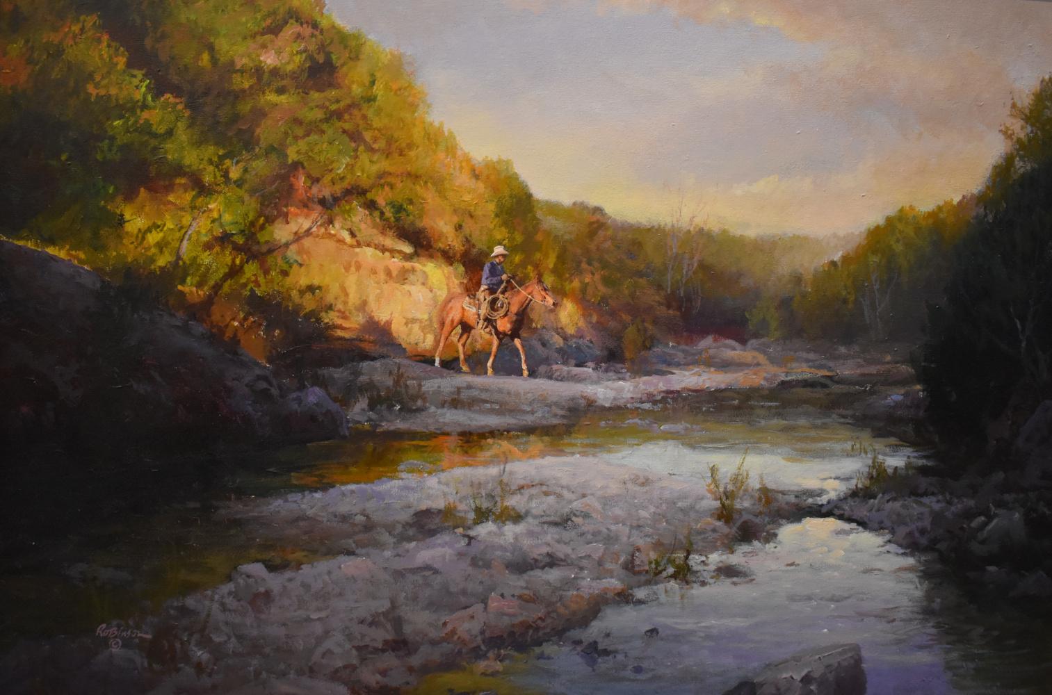 „LAST LIGHT“ WESTERN, COWBOY, HORSE, LIGHT, TEXAS HILL COUNTRY – Painting von James Robinson