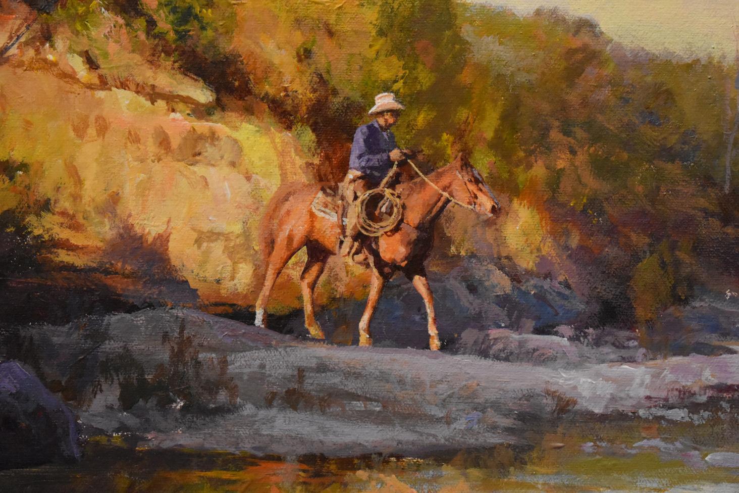 „LAST LIGHT“ WESTERN, COWBOY, HORSE, LIGHT, TEXAS HILL COUNTRY (Amerikanischer Realismus), Painting, von James Robinson