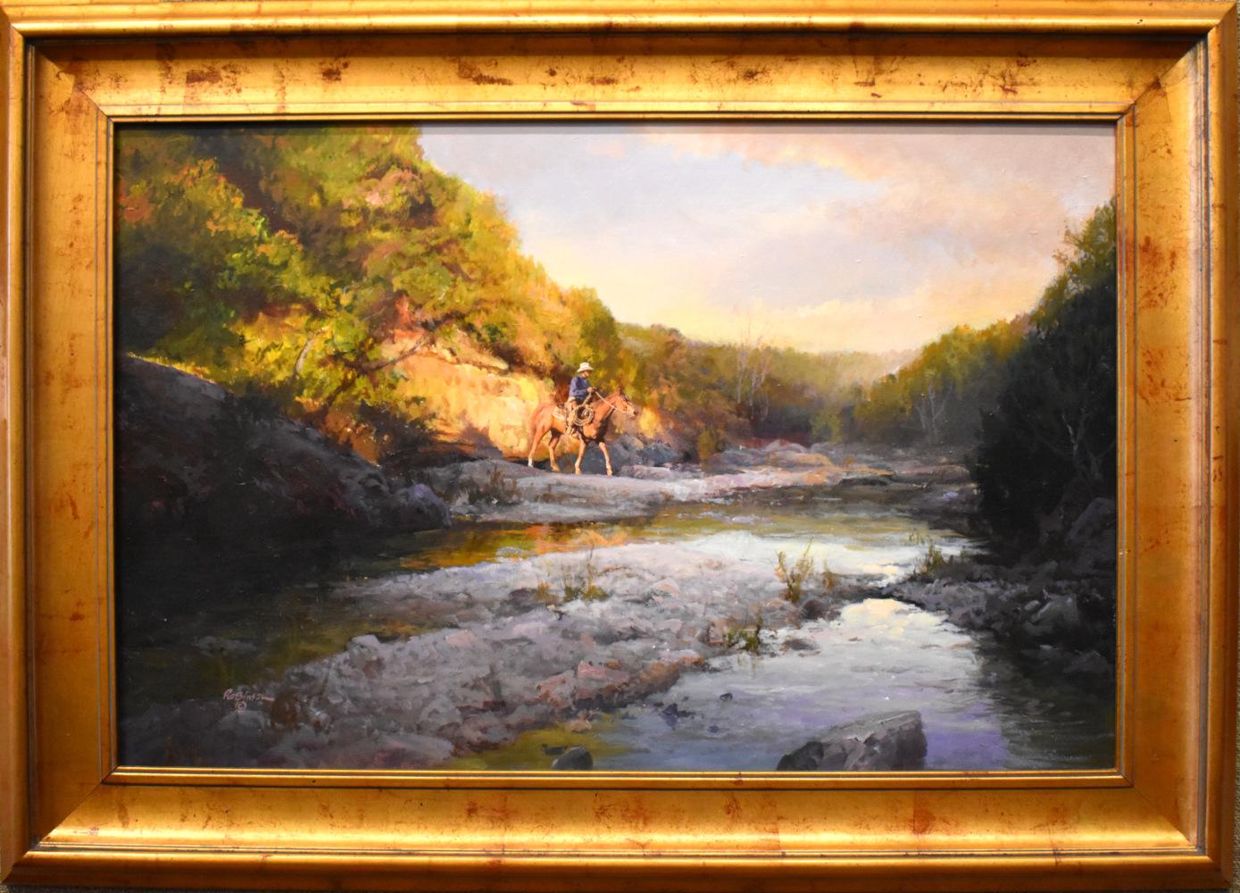 James Robinson Landscape Painting – „LAST LIGHT“ WESTERN, COWBOY, HORSE, LIGHT, TEXAS HILL COUNTRY