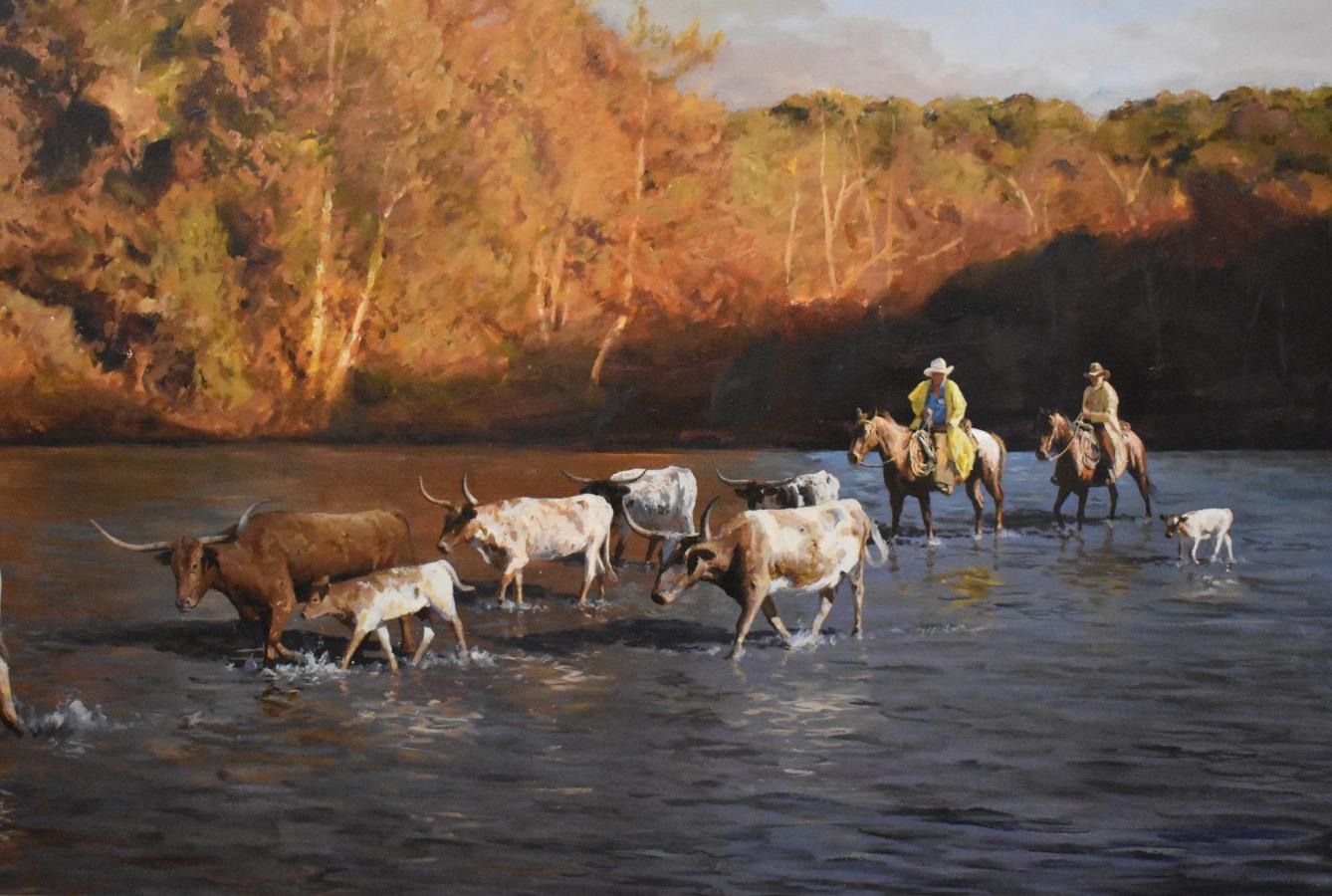 „THE TEXAS WAY“ HILL COUNTRY James Robinson ( 1944-2015) LONGHORNS FRAME 48 X 60  1