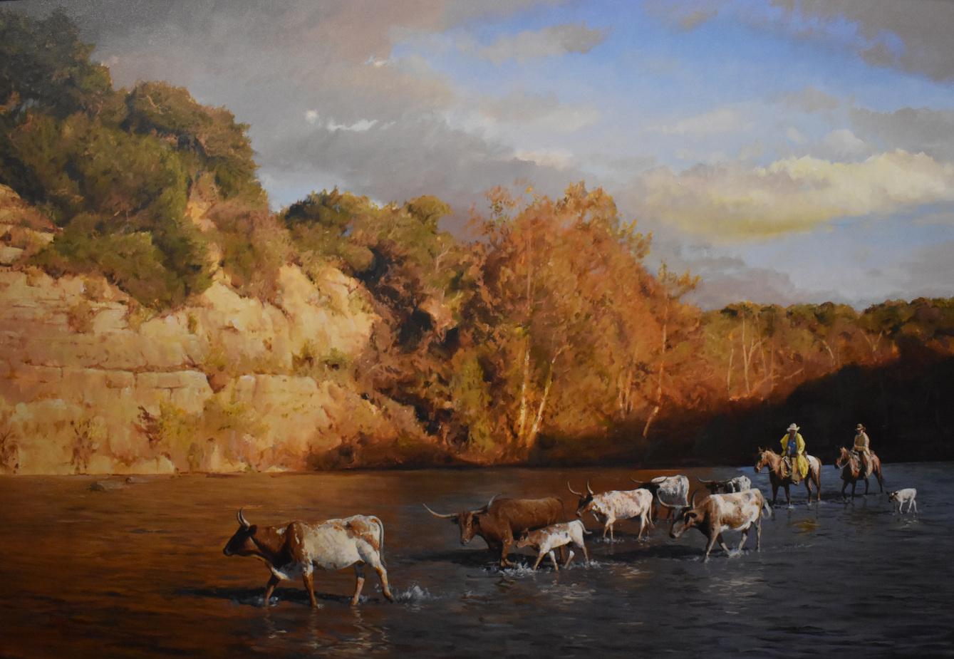 „THE TEXAS WAY“ HILL COUNTRY James Robinson ( 1944-2015) LONGHORNS FRAME 48 X 60  2