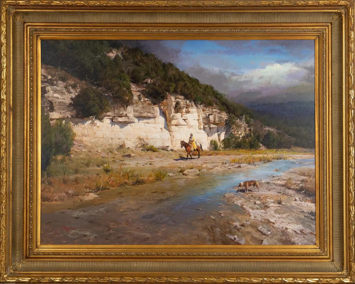 James Robinson Landscape Painting - "YESTERYEAR" TEXAS HILL COUNTRY Robinson (1944-2015) WESTERN PAINTING 48X60 FRAM