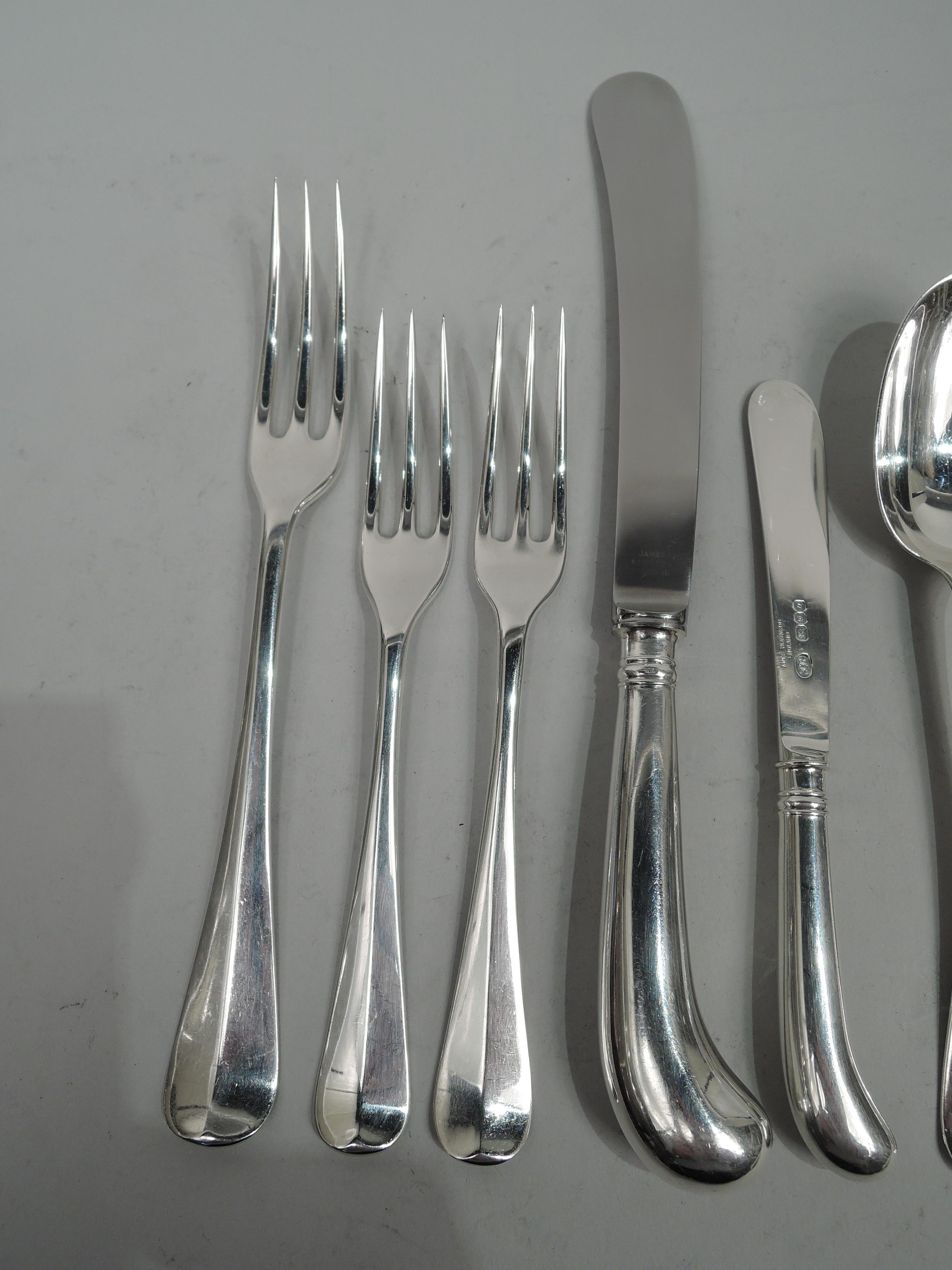 Queen Anne sterling silver dinner set for 12. Made by James Robinson in London. This set comprises 108 pieces:

Forks: 12 dinner forks (7 5/8) and 24 salad/dessert forks (6 1/2);

Knives: 12 dinner knives and 12 butter knives;

Spoons: 12