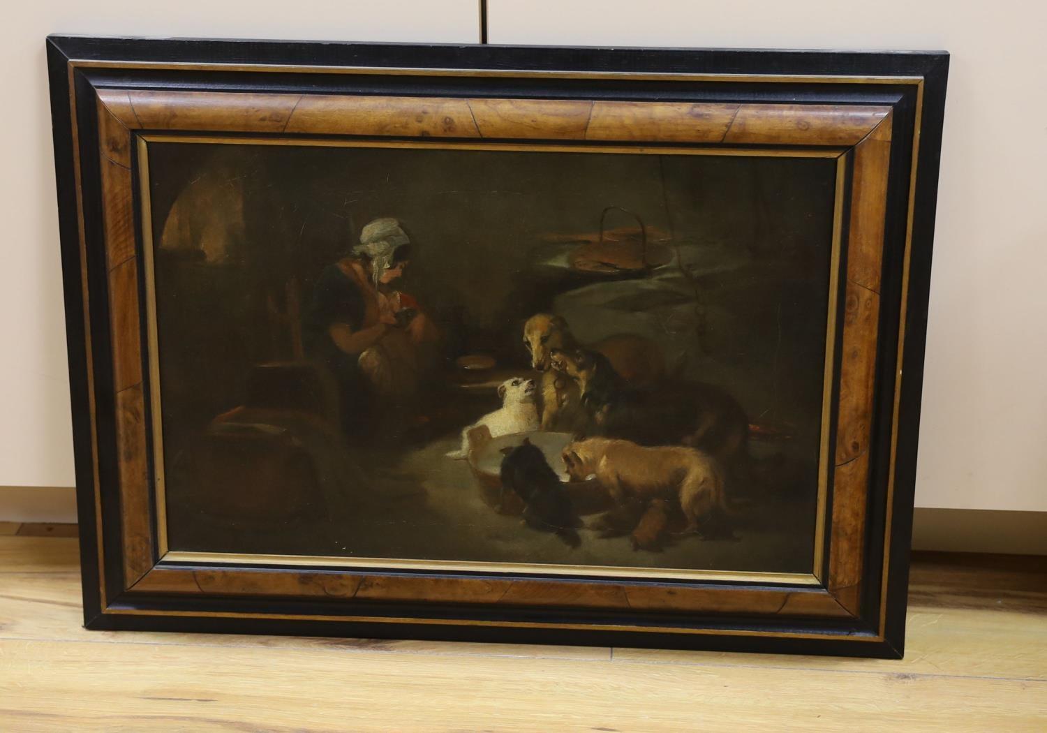 Pintura al Óleo Victoriana Un desayuno en las Tierras Altas, interior con mujer y perros - Painting de James Rolfe