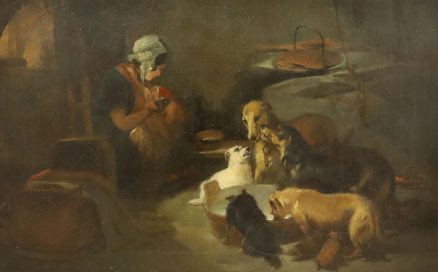 Figurative Painting de James Rolfe - Pintura al Óleo Victoriana Un desayuno en las Tierras Altas, interior con mujer y perros