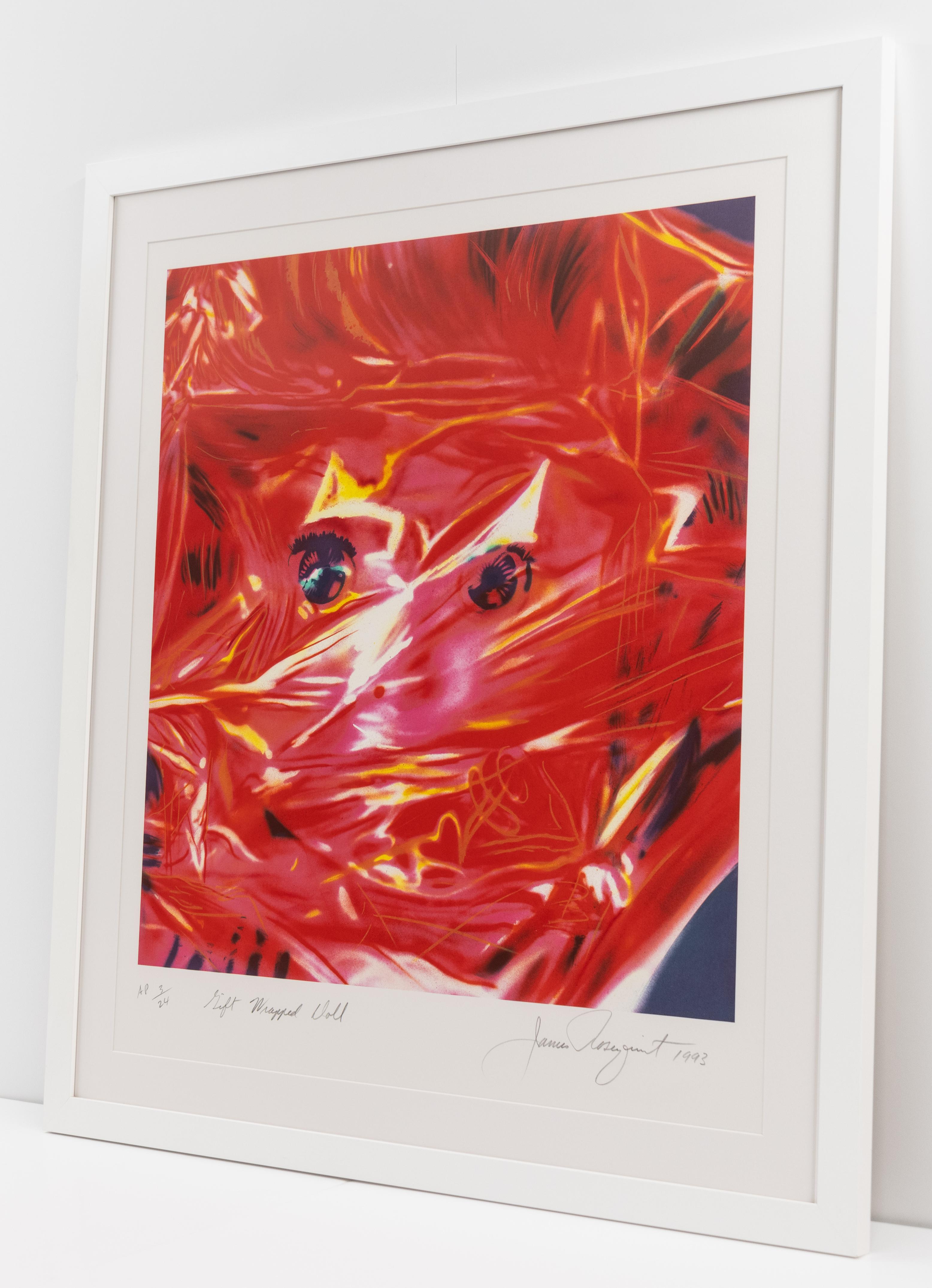 This is a color lithograph of a gift wrapped doll by James Rosenquist.

The artwork measures 23.75 x 23.75 inches and is offered by CLAMP in New York City.
