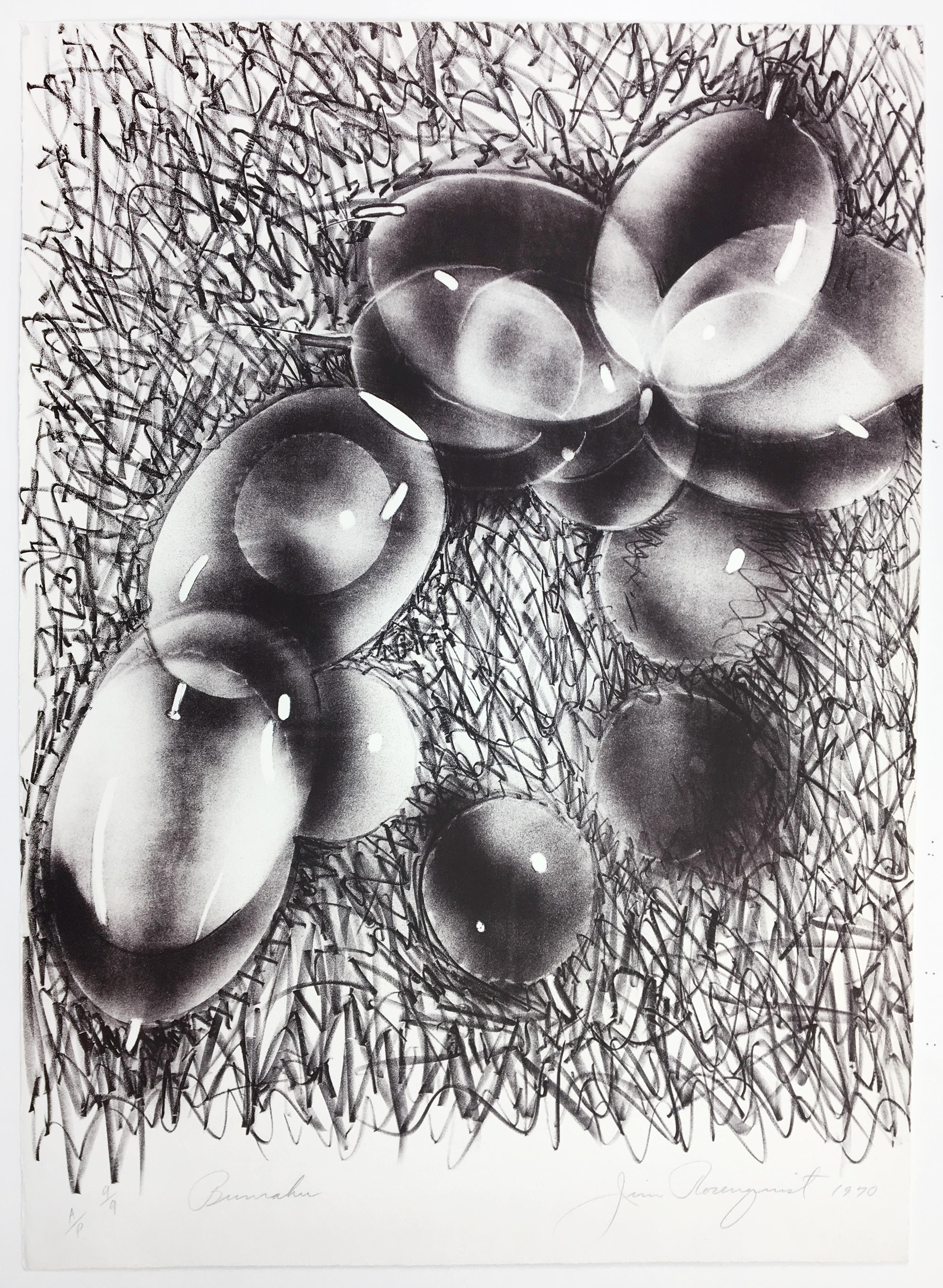 This abstract monochrome print portrays large, shiny dark purple bubbles that cascade over a scribbled, dense background. The sense of movement suggests Rosenquist was influenced by the dynamic performances of Bunraku. Bunraku is a form of