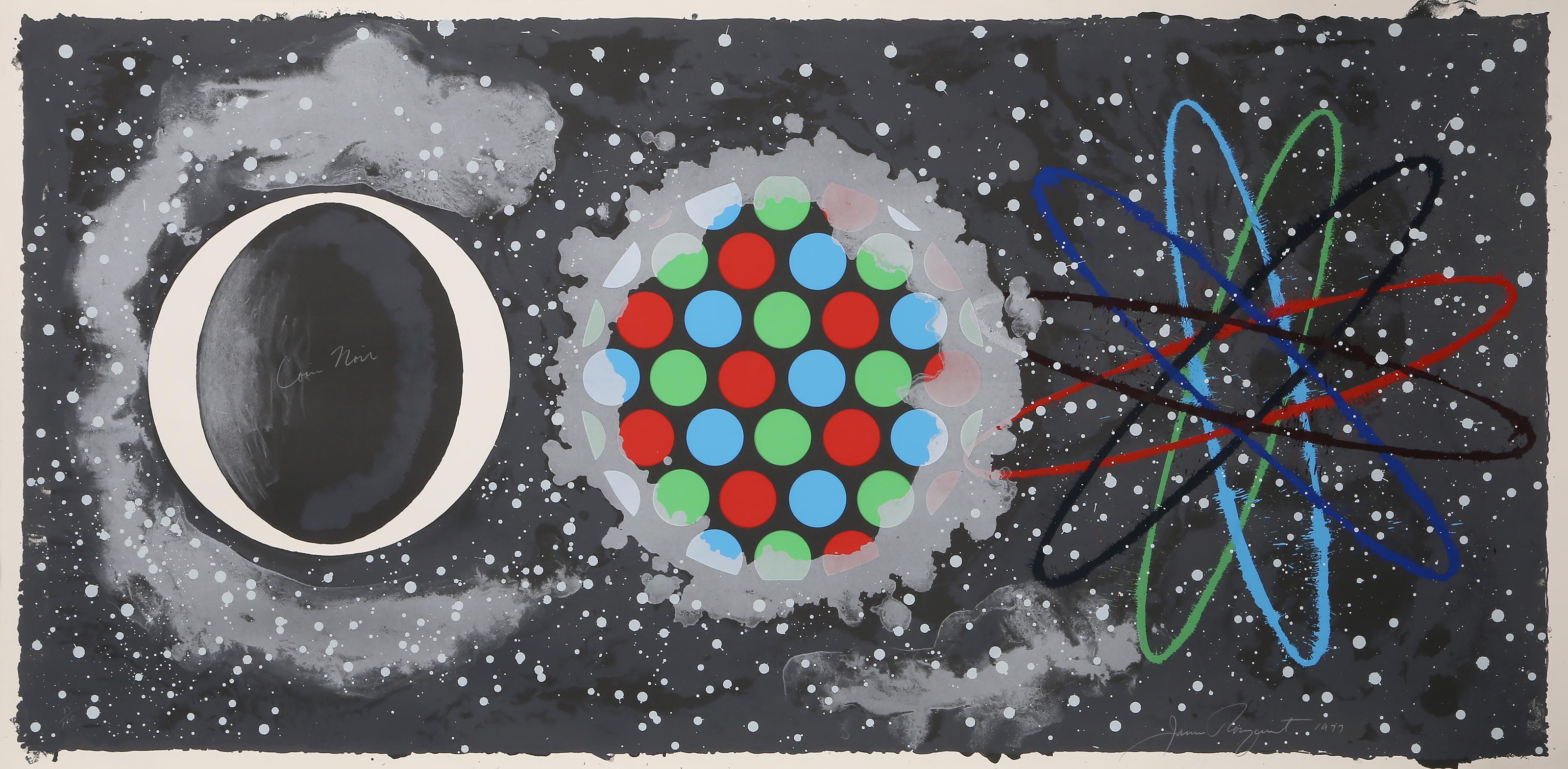 Coin Noir by James Rosenquist, American (1933–2017)
Date: 1977
10 Color Lithograph on Arches, signed, numbered and titled in pencil
Edition of 75/100
Image Size: 34.5 x 71.5 inches
Size: 36.25 x 73.75 in. (92.08 x 187.33 cm)
Printer: Aripeka Ltd and