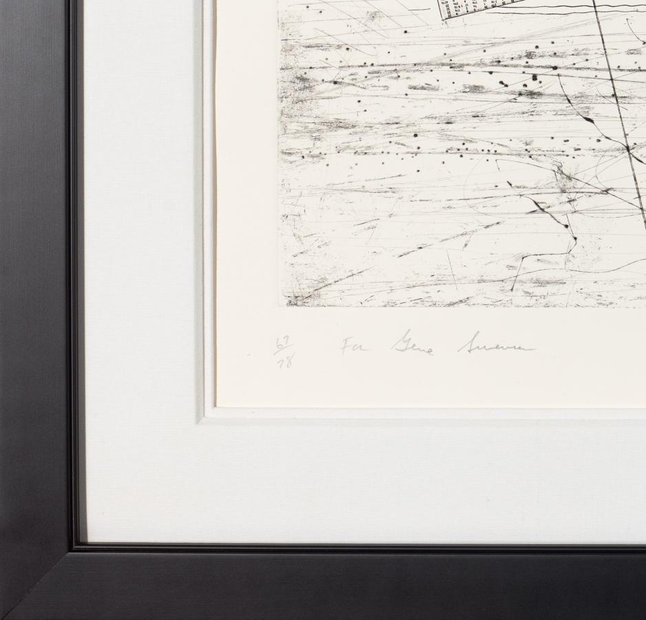 For Gene Swenon (State II) is an aquatint etching on paper, 22.75 x  39.75 inches, signed 'Rosenquist' and dated 1978 lower right; numbered 67/78 and titled lower left. From the edition of 94 (there were also 15 AP and 1 BAT). Framed in a