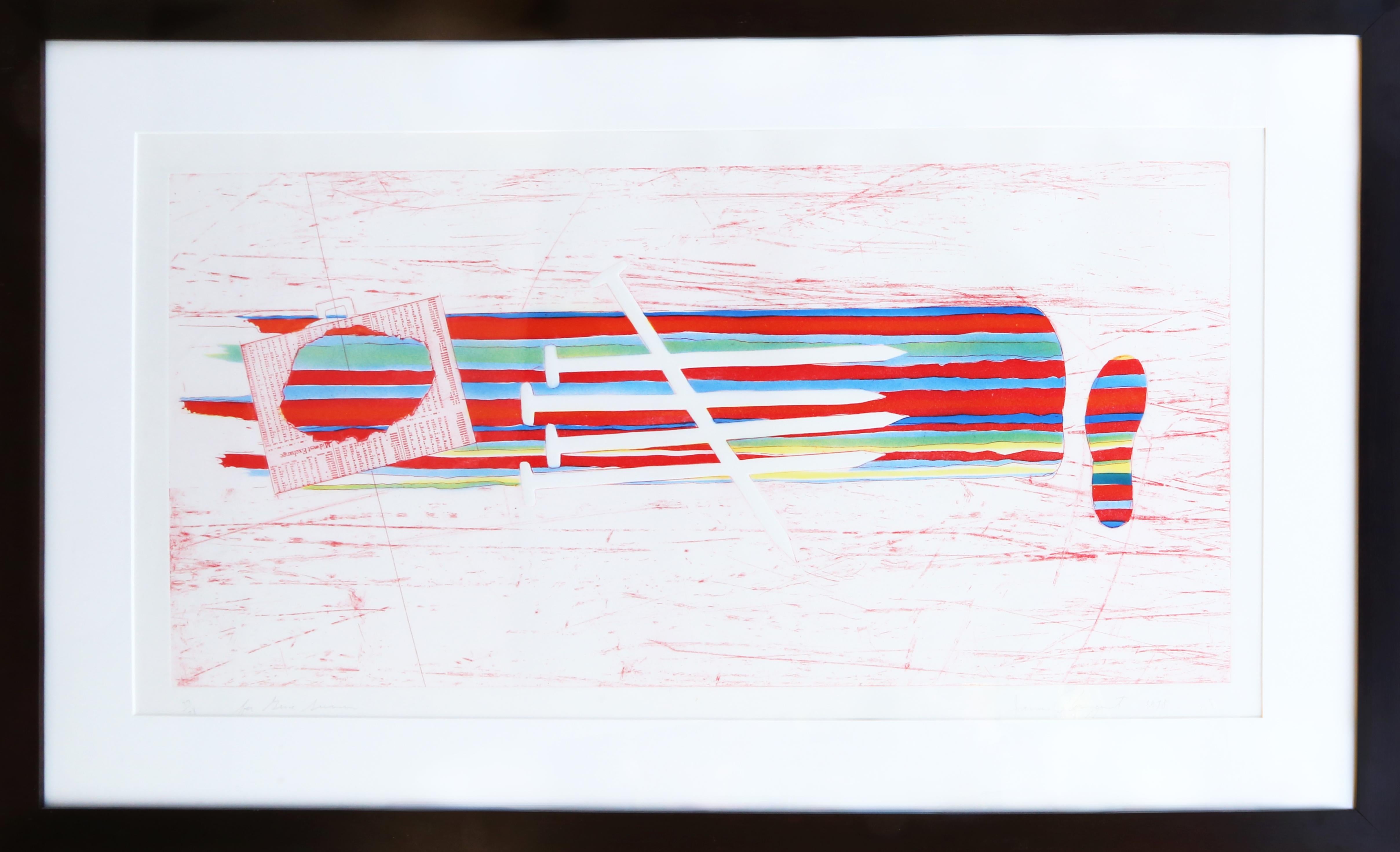 For Gene Swenson by James Rosenquist, American (1933–2017)
Date: 1978
Etching/Aquatint with Embossing on Pescia Italia
Edition of 37/78
Size: 23 x 40 in. (58.42 x 101.6 cm)
Frame Size: 30 x 48 inches
