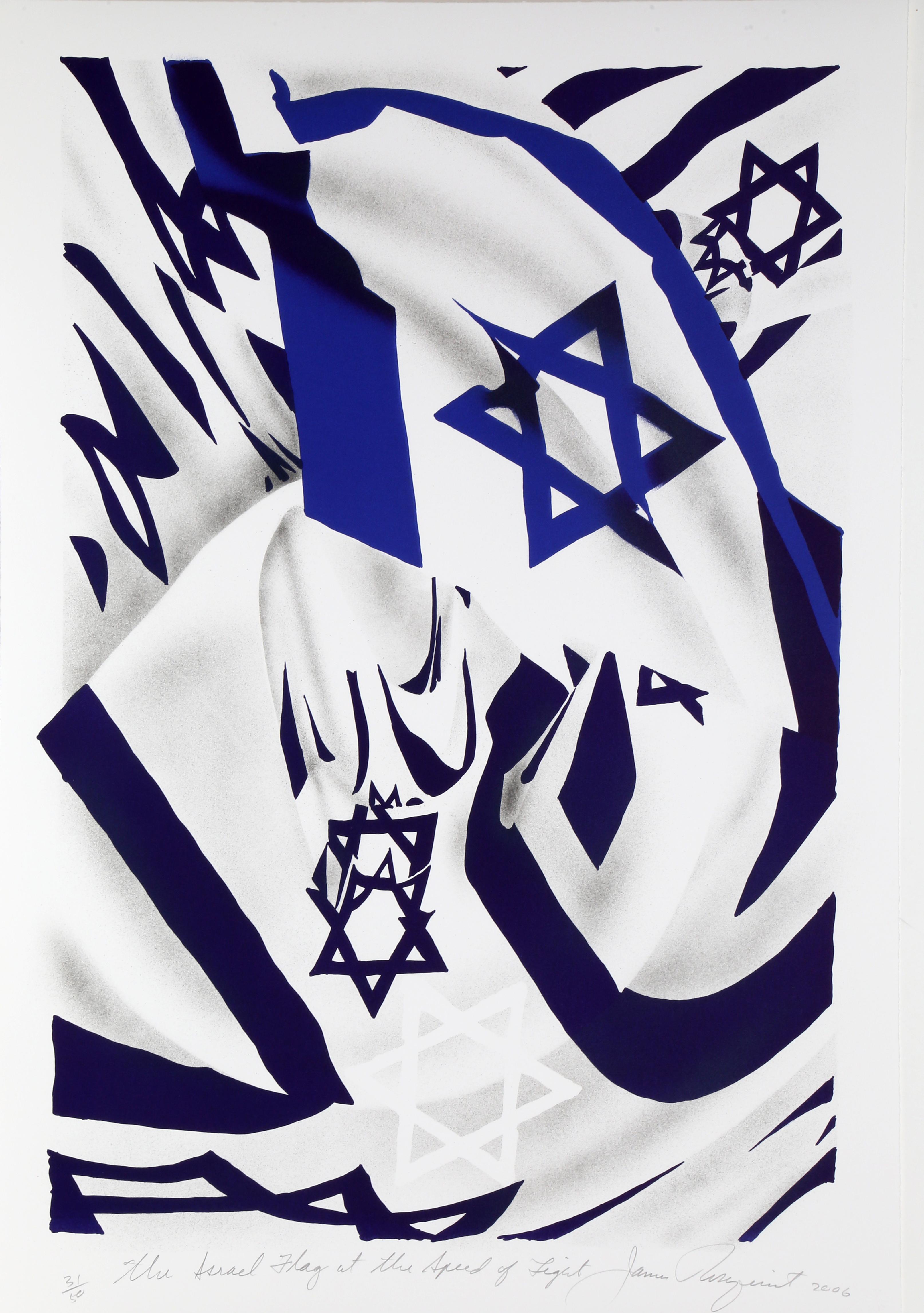 Artiste : James Rosenquist
Titre : Le drapeau israélien à la vitesse de la lumière
Année : 2006
Moyen : Lithographie, Signé et numéroté au crayon
Edition : 50
Taille : 85,09 x 55,88 cm (33,5 x 22 in)

Flottant dans un excellent cadre blanc
