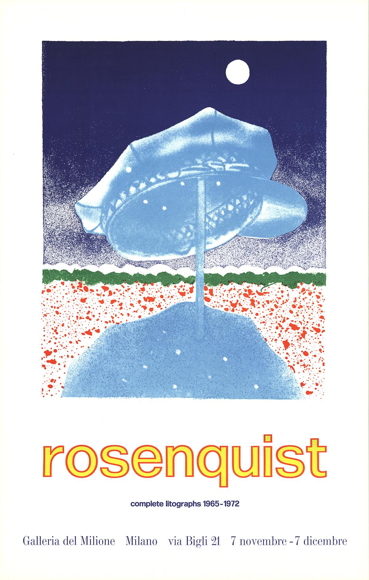 Lithograph from the Rosenquist exhibition titled 'Complete Lithographs 1965-1972' which was held at Galleria del Milione, featuring the image "Delivery Hat".

