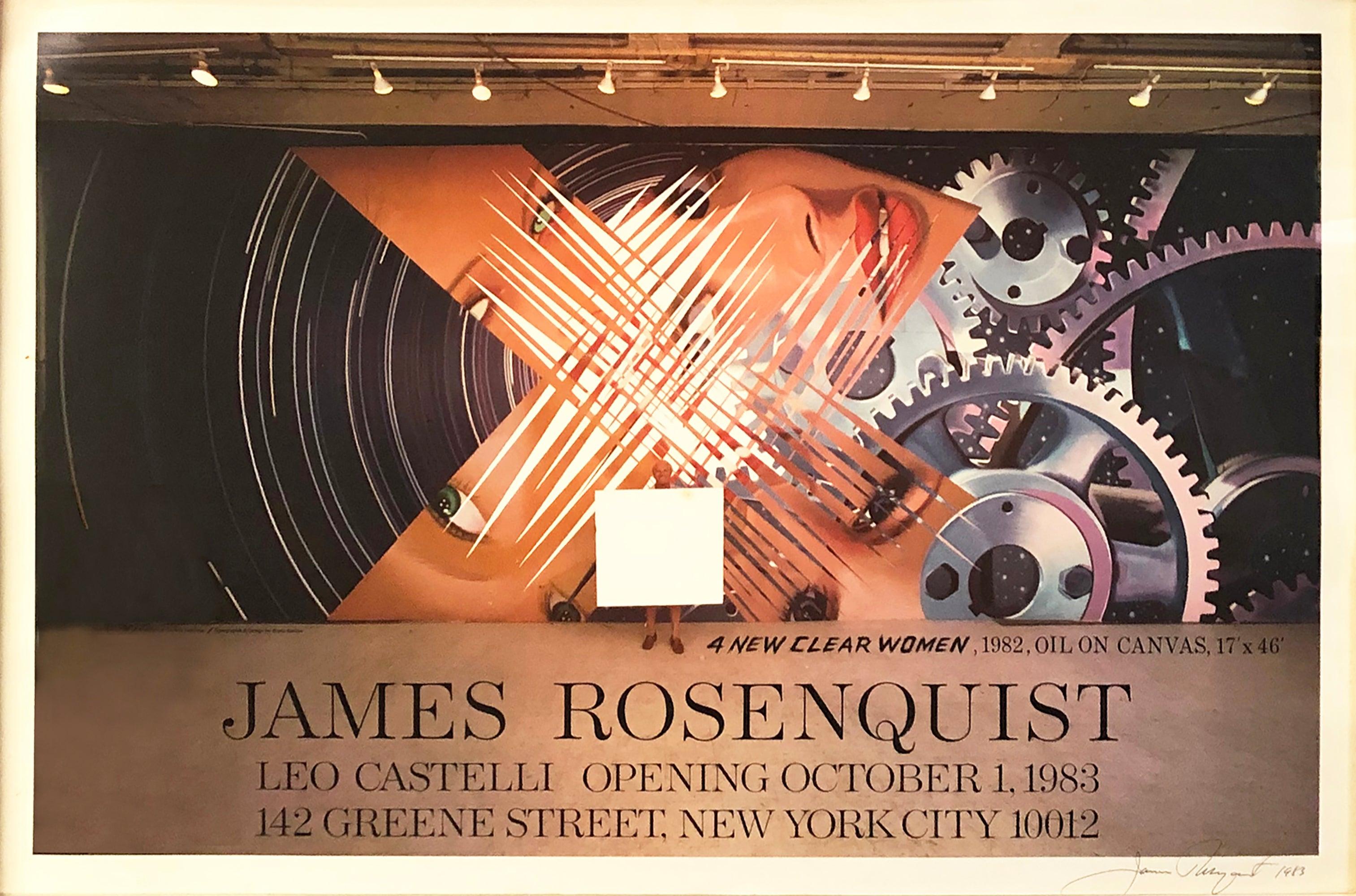 This striking original exhibition poster by James Rosenquist, titled Four New Clear Women, was created for his solo opening at the Leo Castelli Gallery on October 1st, 1983. A bold visual statement, the poster reflects Rosenquist’s fascination with