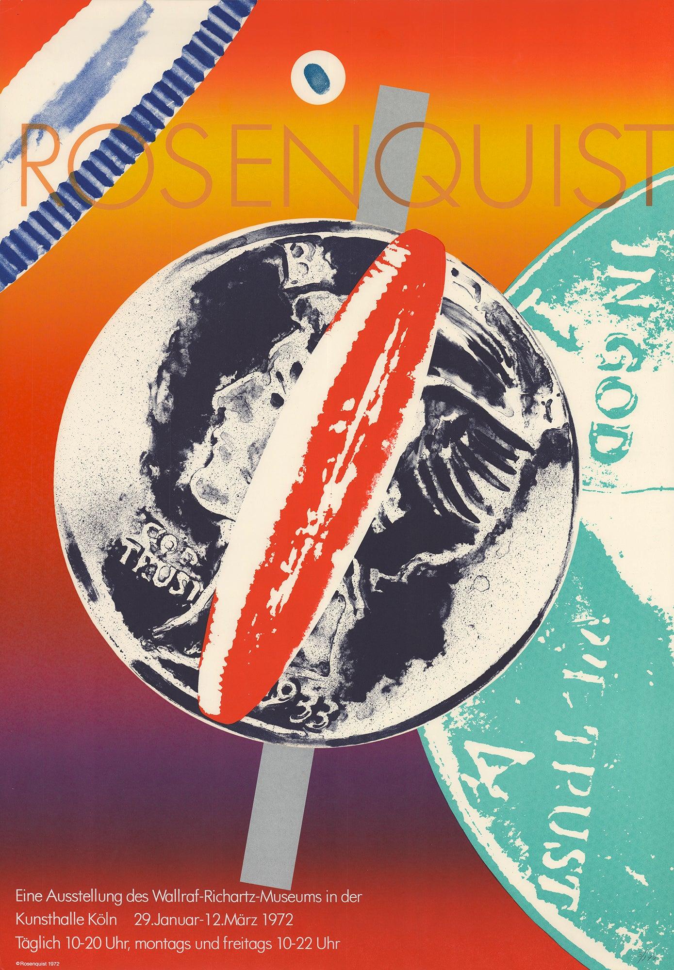 Original poster created for the exhibition held at the Wallraf-Richartz-Museum and Kunsthalle Cologne in 1972. Hand-numbered in pencil out of an edition of 190 in the lower right corner. This work exemplifies Rosenquist’s vibrant Pop Art aesthetic,