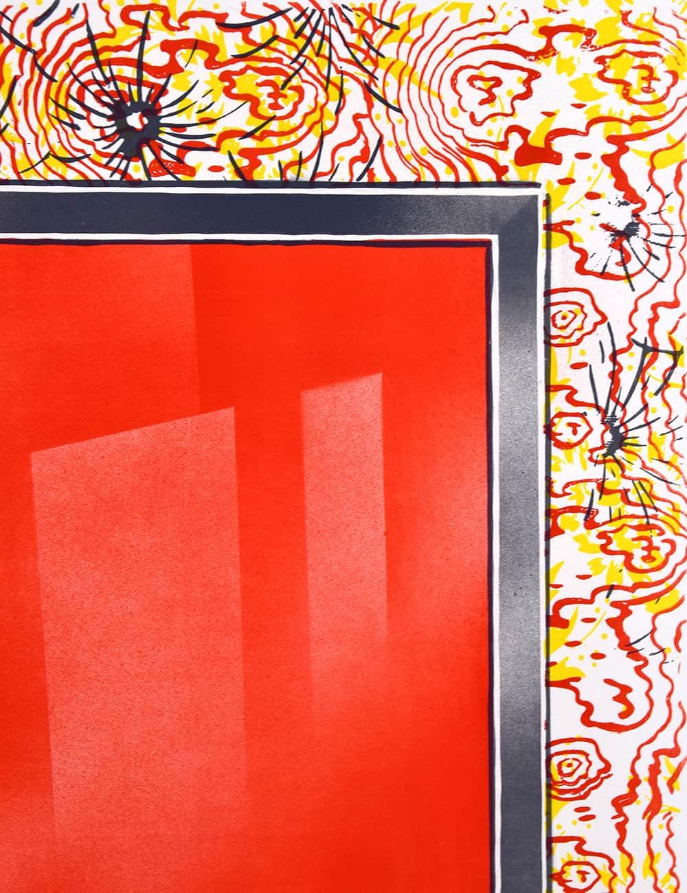 James Rosenquist Morning Mirror, 1966 is a mesmeric piece that captures your attention with the use of 3 colors; red, yellow, and grey. Front and center, in the middle of the composition, sits a framed quadrilateral form colored completely with red.